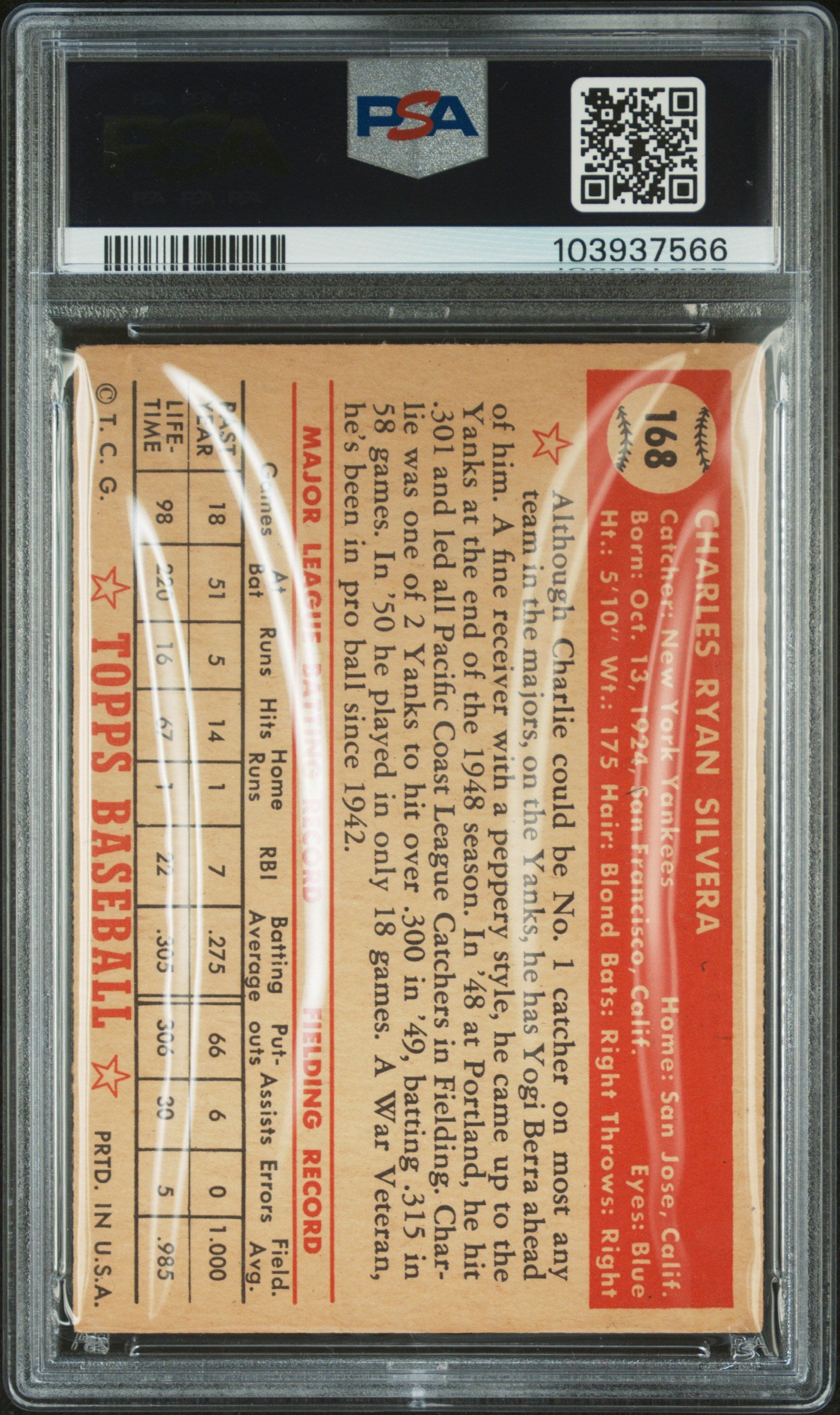 1952 Topps Charlie Silvera #168 PSA 3