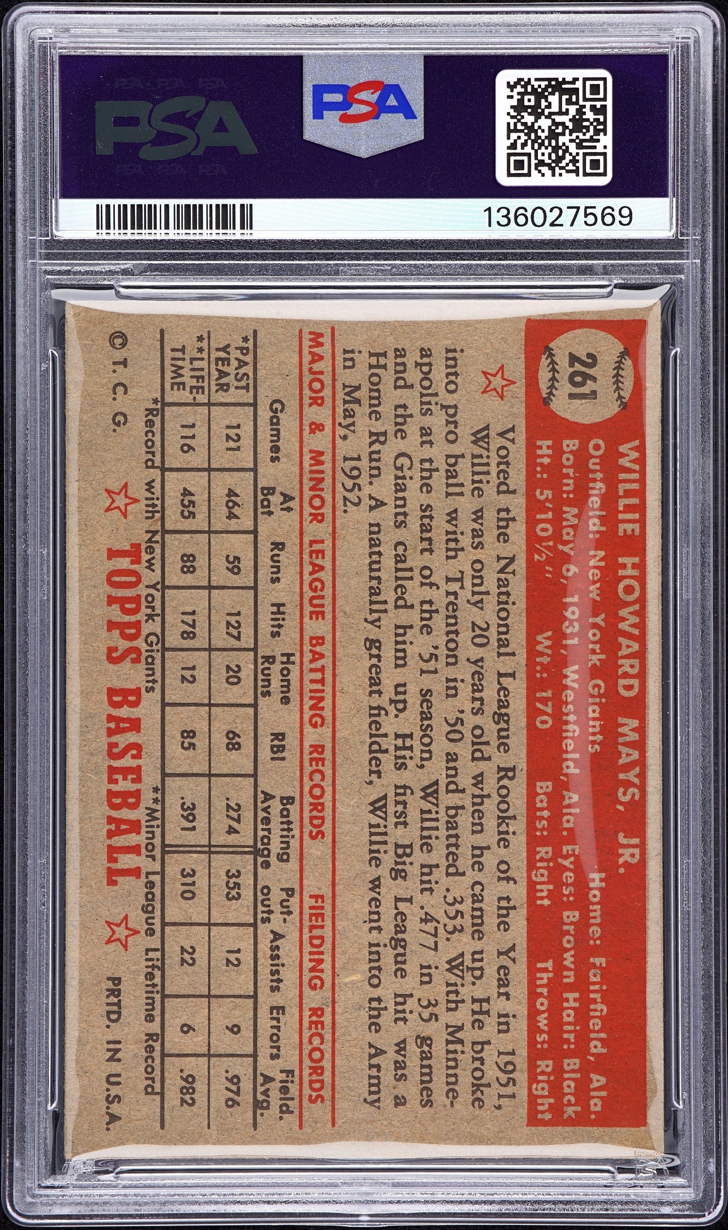 1952 Topps Willie Mays #261 PSA 2.5