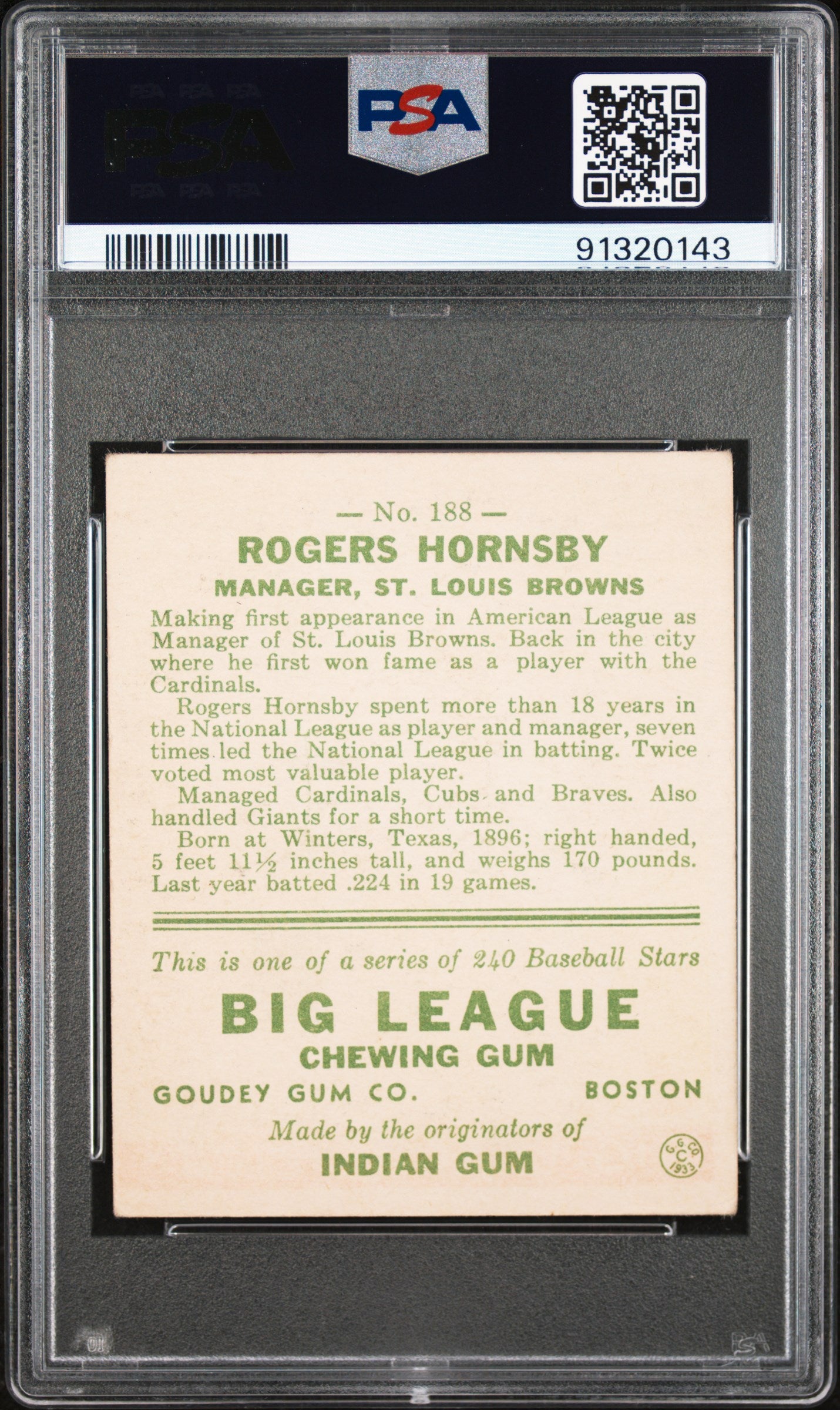 1933 Goudey Rogers Hornsby #188 PSA 3