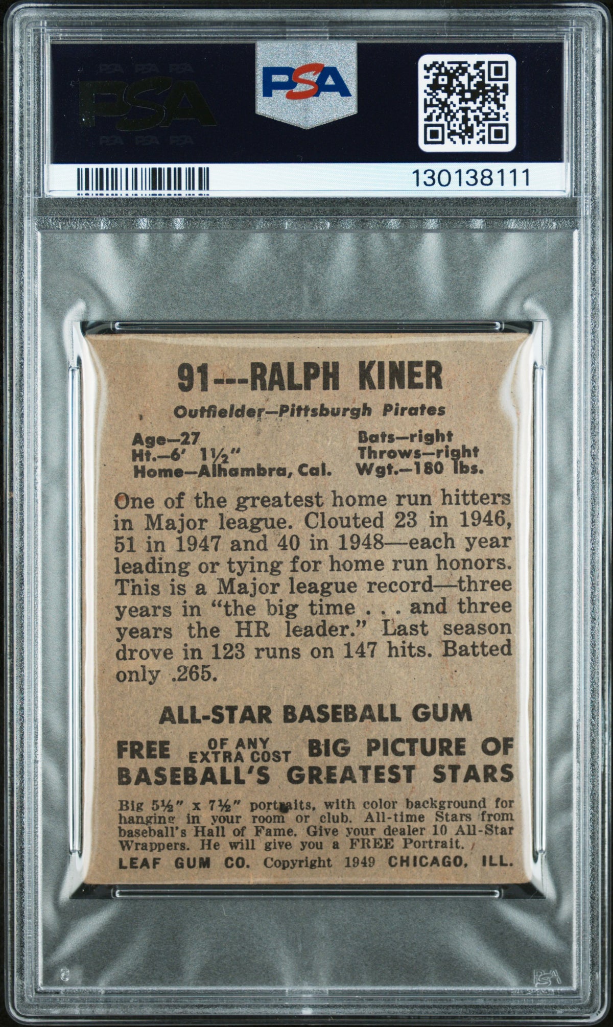 1948 Leaf Ralph Kiner #91 PSA 2.5
