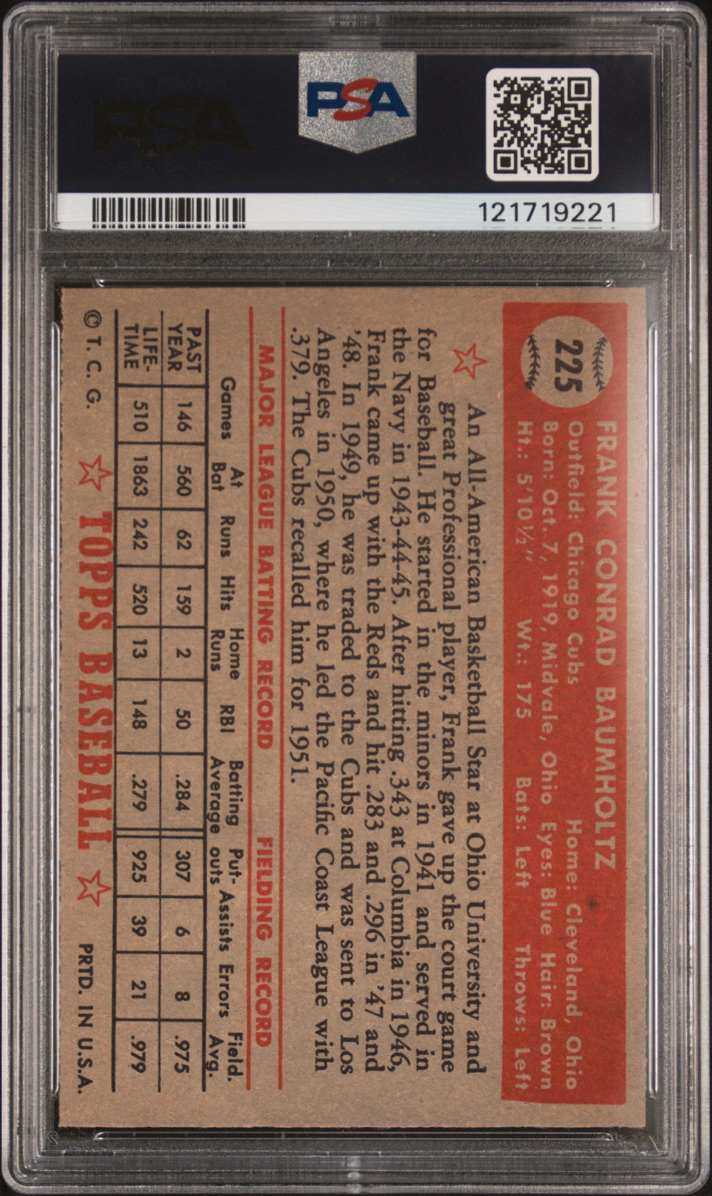 1952 Topps Frank Baumholtz #225 PSA 8