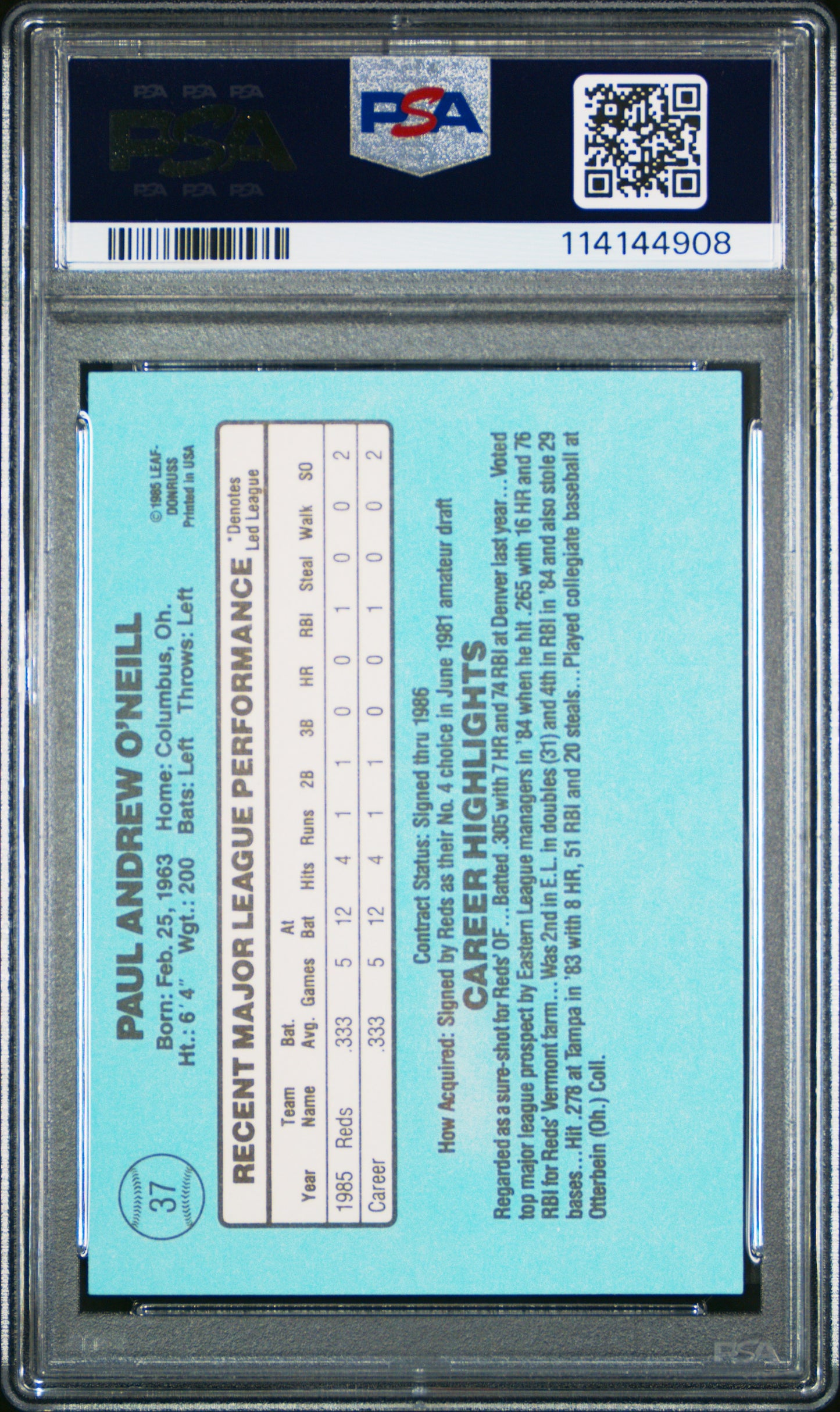 1986 Donruss Paul O'neill #37 PSA 10