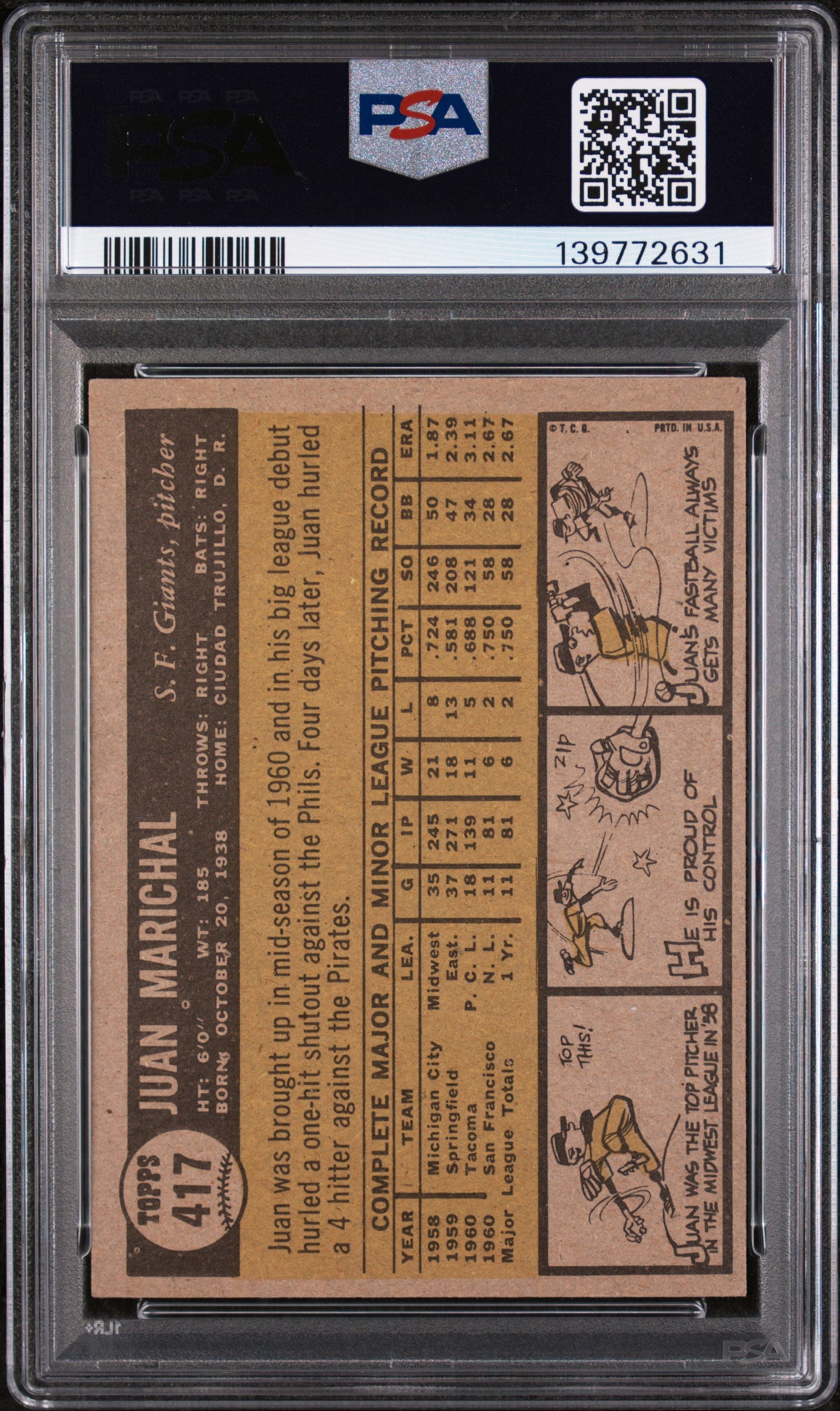1961 Topps Juan Marichal #417 PSA 4 Auto 10