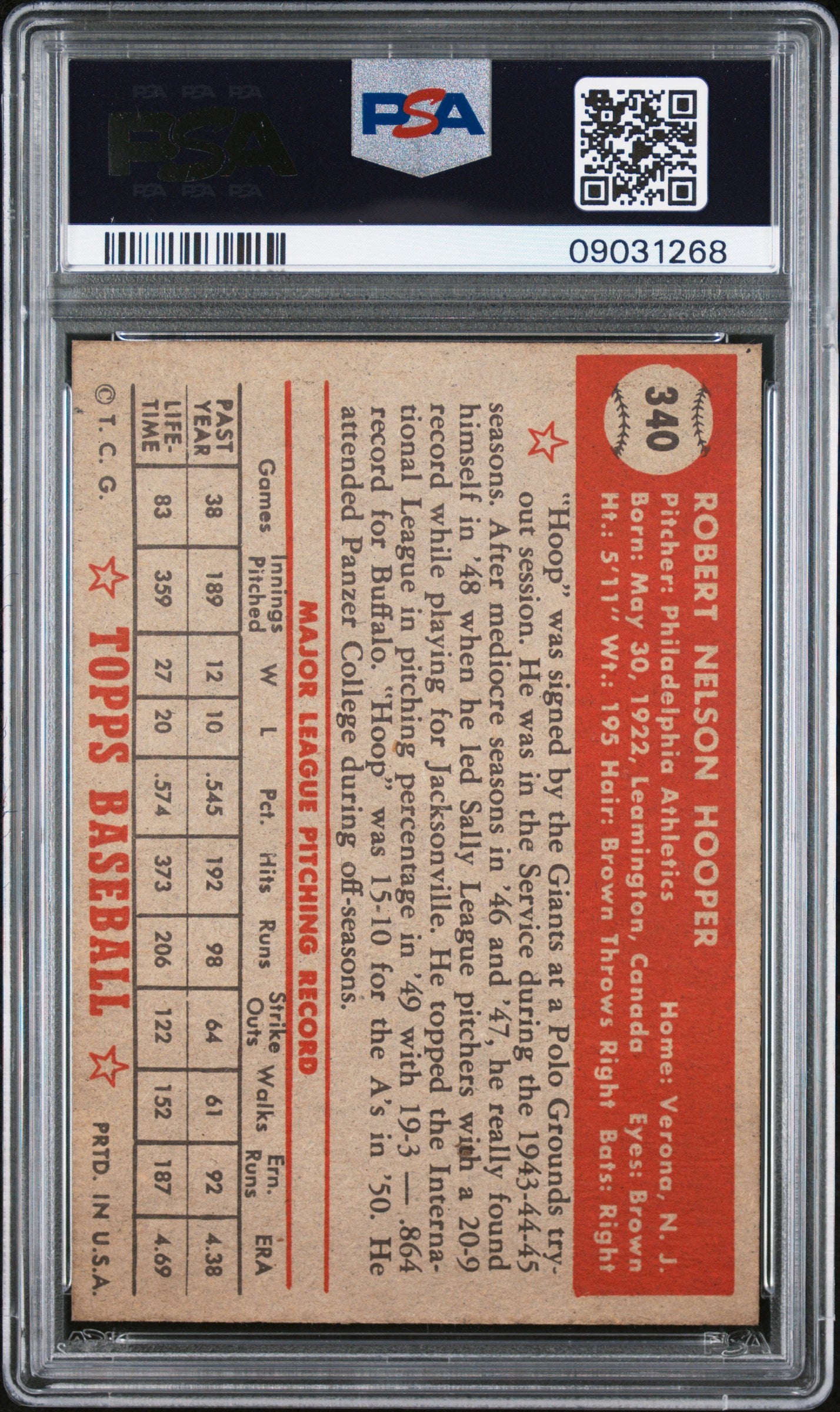 1952 Topps Bob Hooper #340 PSA 7