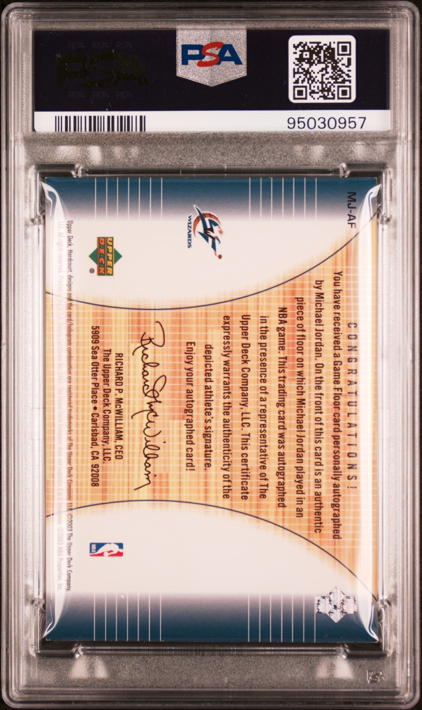 2003 Upper Deck Hardcourt Hardwood Comm Michael Jordan #MJ-AF Auto PSA A Auto 10