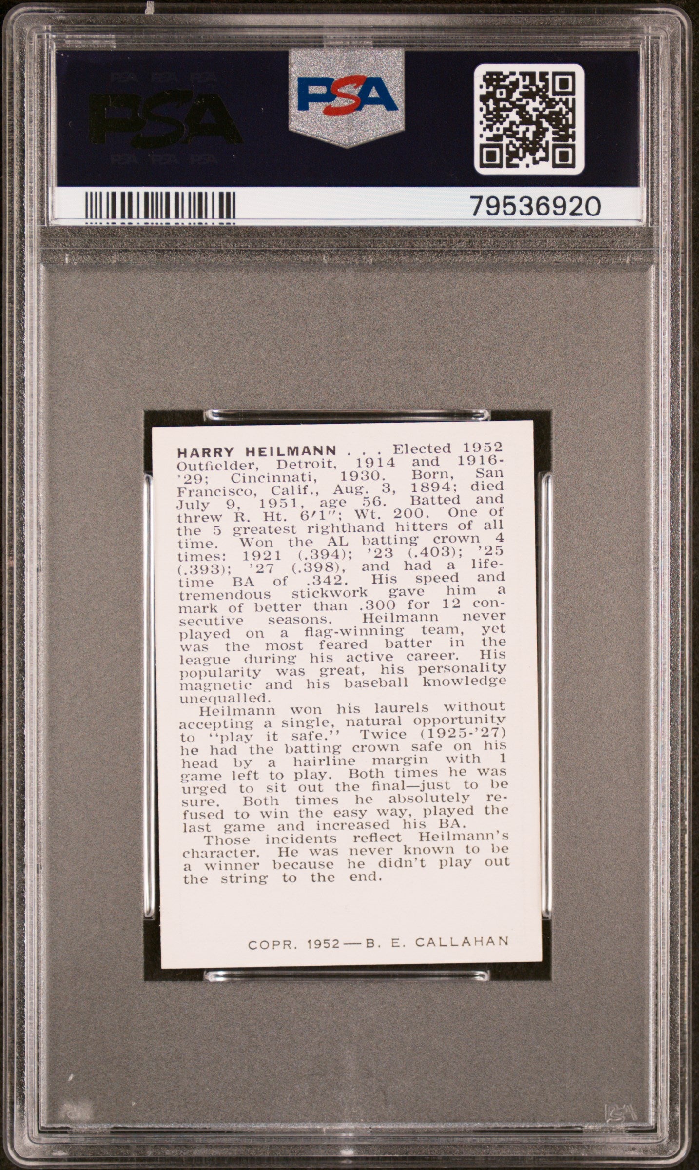 1950 Callahan Hall Of Fame Harry Heilmann Complete Black Frame PSA 9