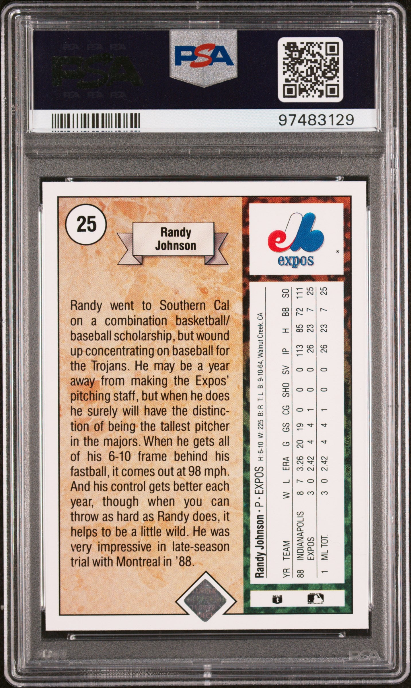 1989 Upper Deck Randy Johnson #25 Star Rookie PSA 10