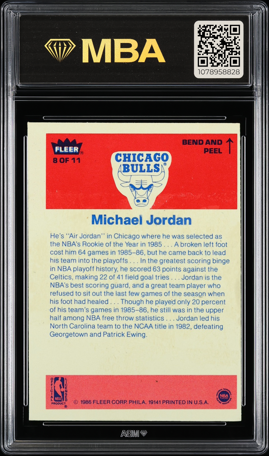 1986 Fleer Sticker Michael Jordan #8 MBA 3 RC
