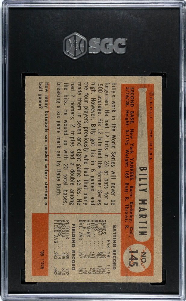1954 Bowman Billy Martin #145. 983. 982 Field Avg. SGC 7