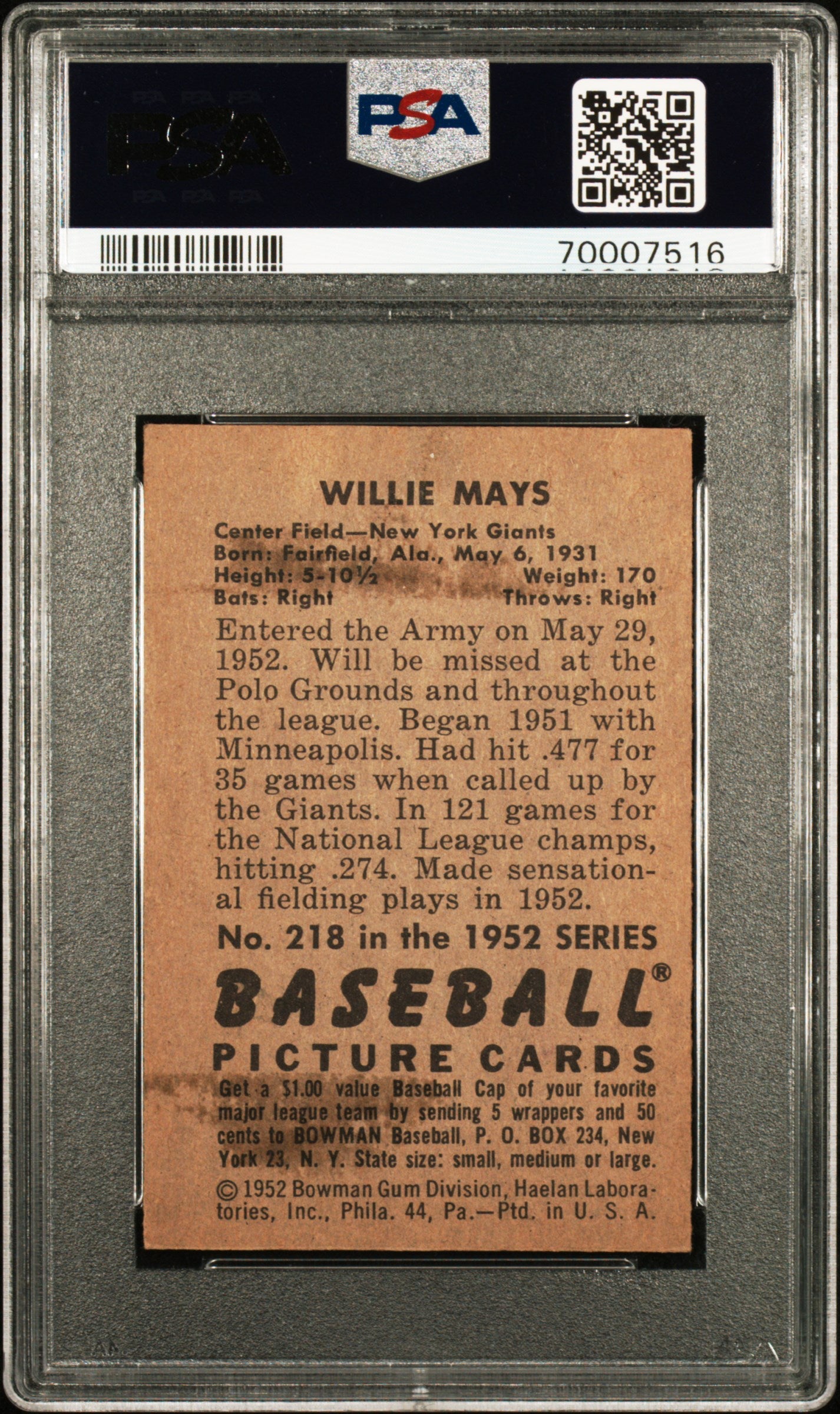 1952 Bowman Willie Mays #218 PSA 4