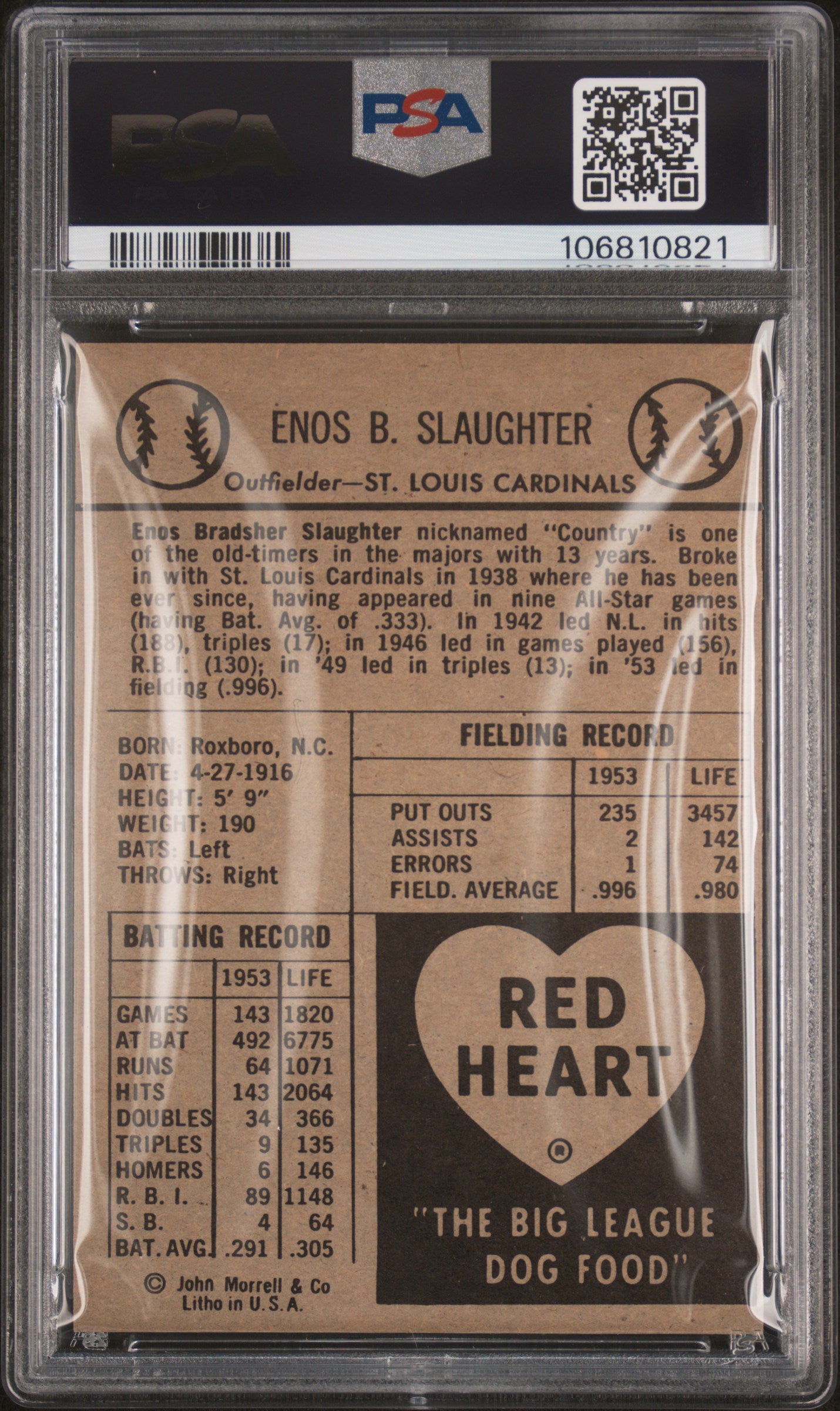 1954 Red Heart Enos Slaughter PSA 6