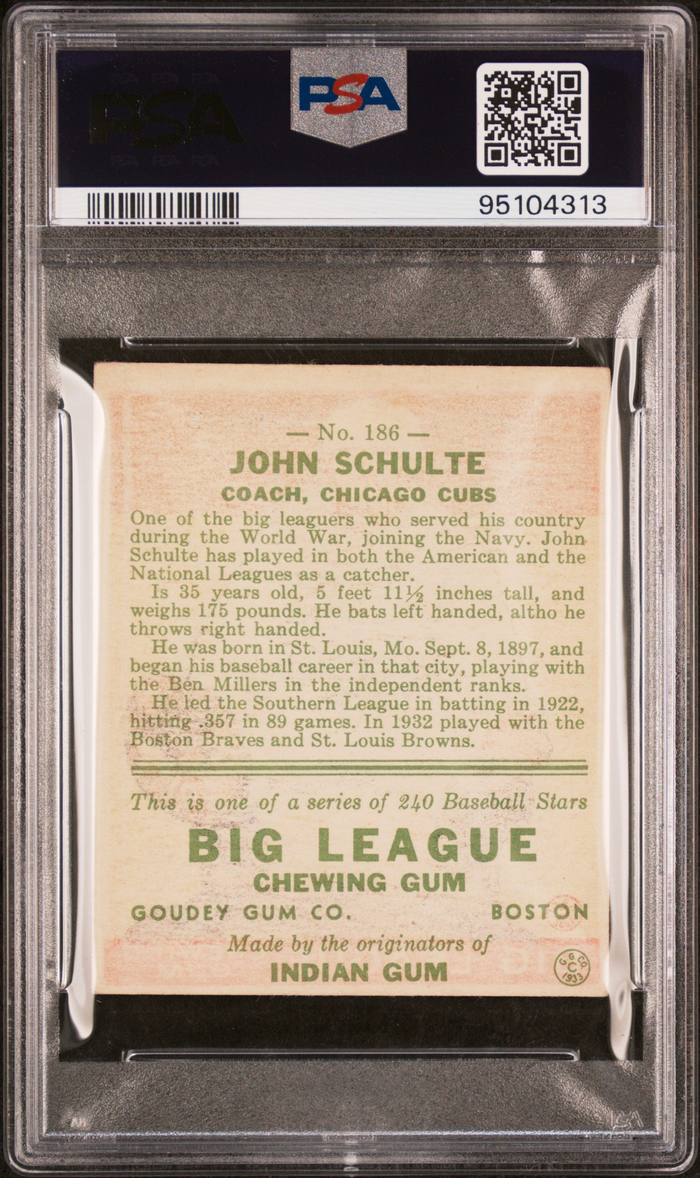 1933 Goudey John Schulte #186 PSA 3.5