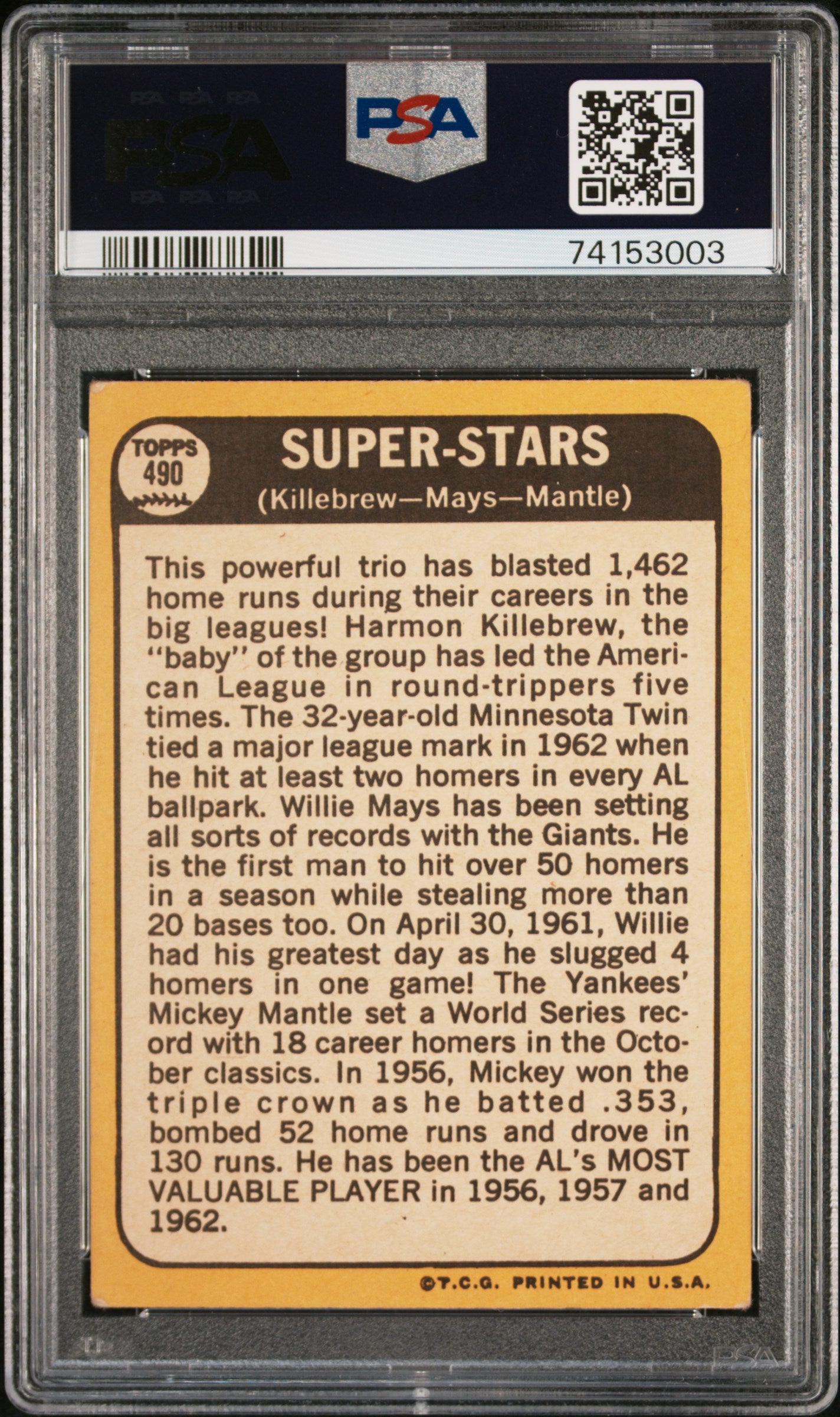 1968 Topps Super Stars #490 Killebrew Mays Mantle PSA 3