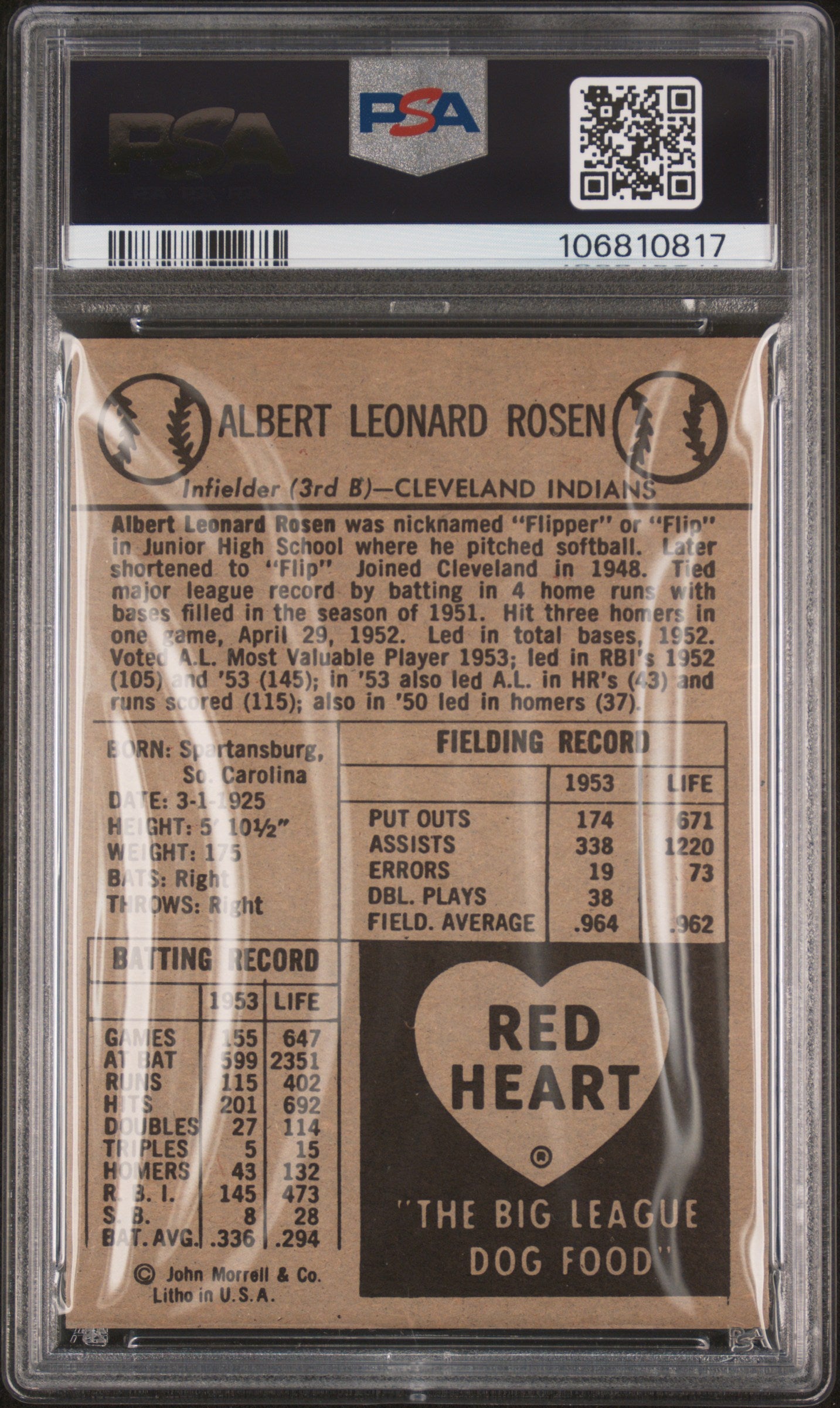 1954 Red Heart Al Rosen PSA 8