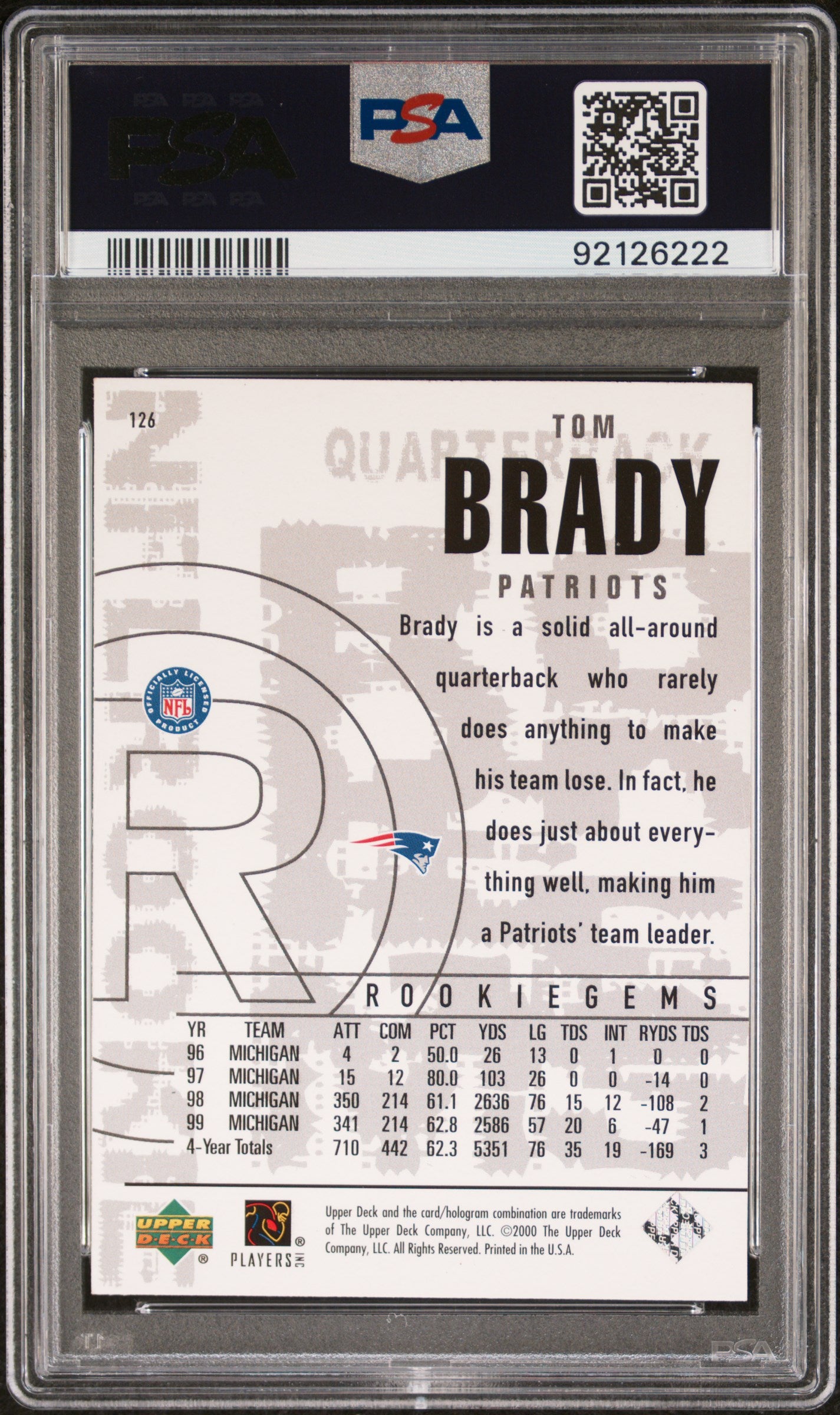 2000 Upper Deck Black Diamond Tom Brady #126 PSA 8 Auto 10