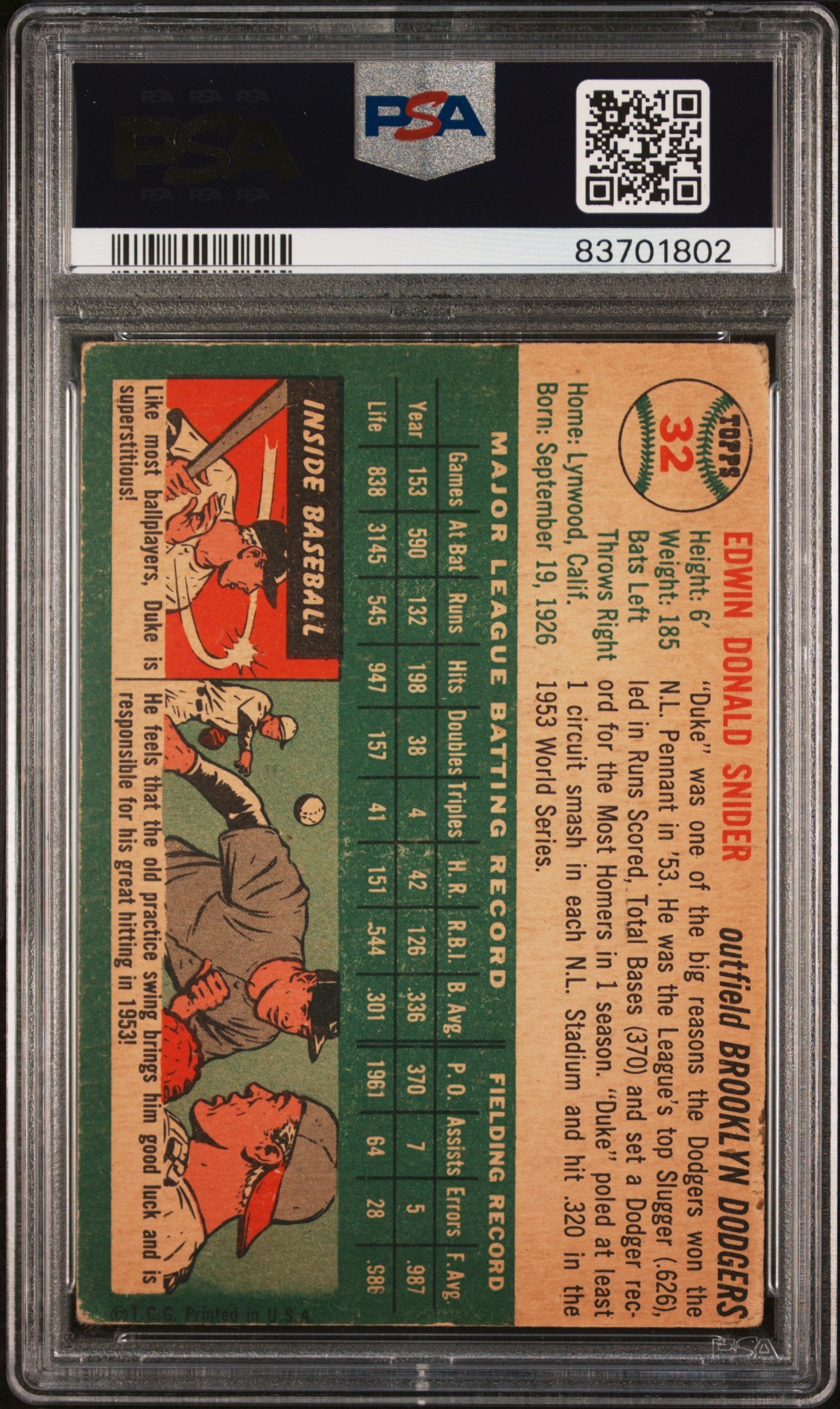 1954 Topps Duke Snider #32 PSA 3 Auto A