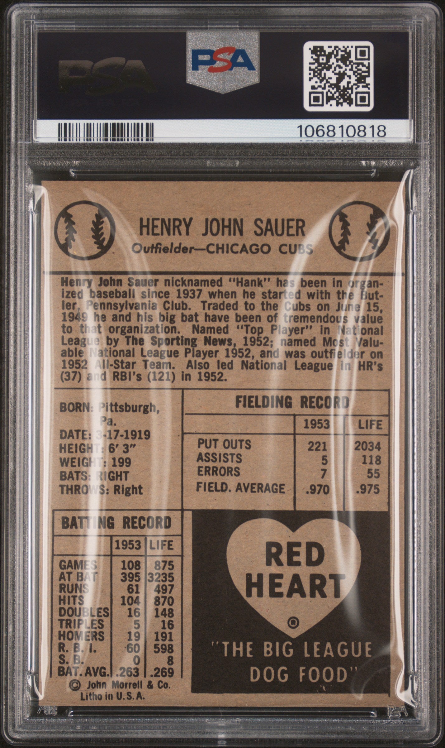 1954 Red Heart Hank Sauer PSA 8