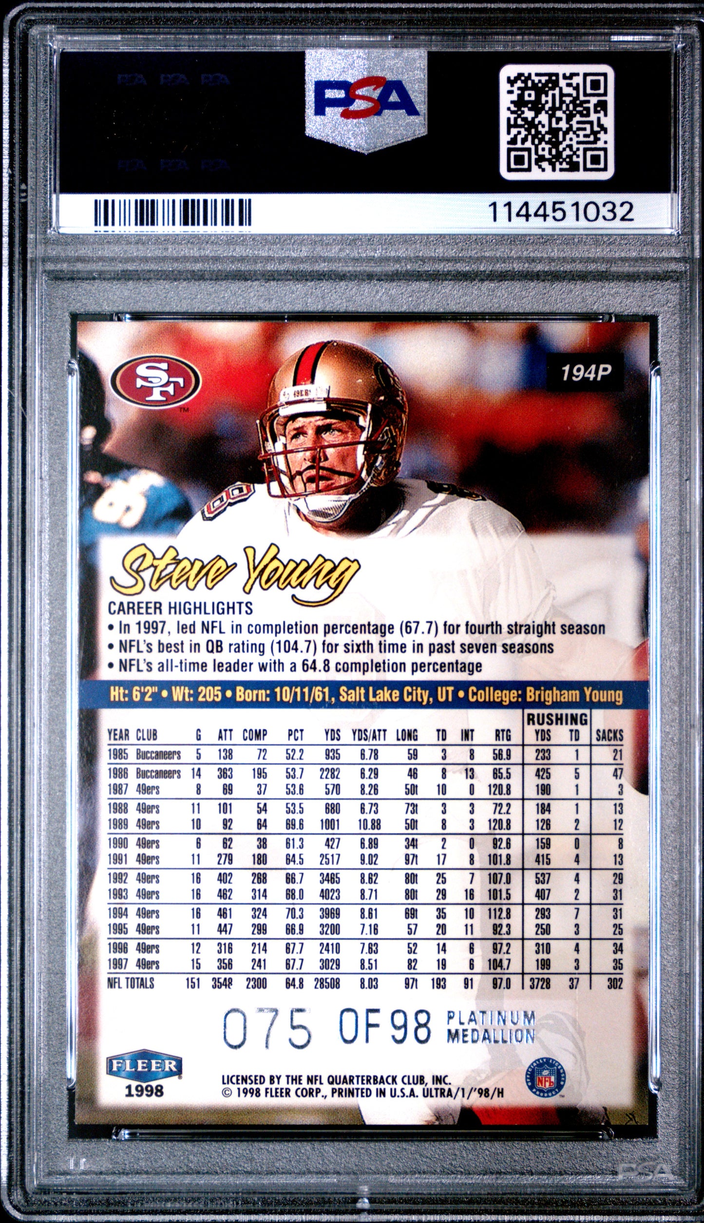 1998 Ultra Steve Young #194P Platinum Medallion PSA 8.5