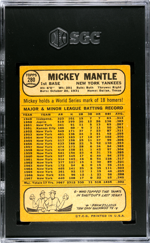 1968 Topps Mickey Mantle #280 SGC 4