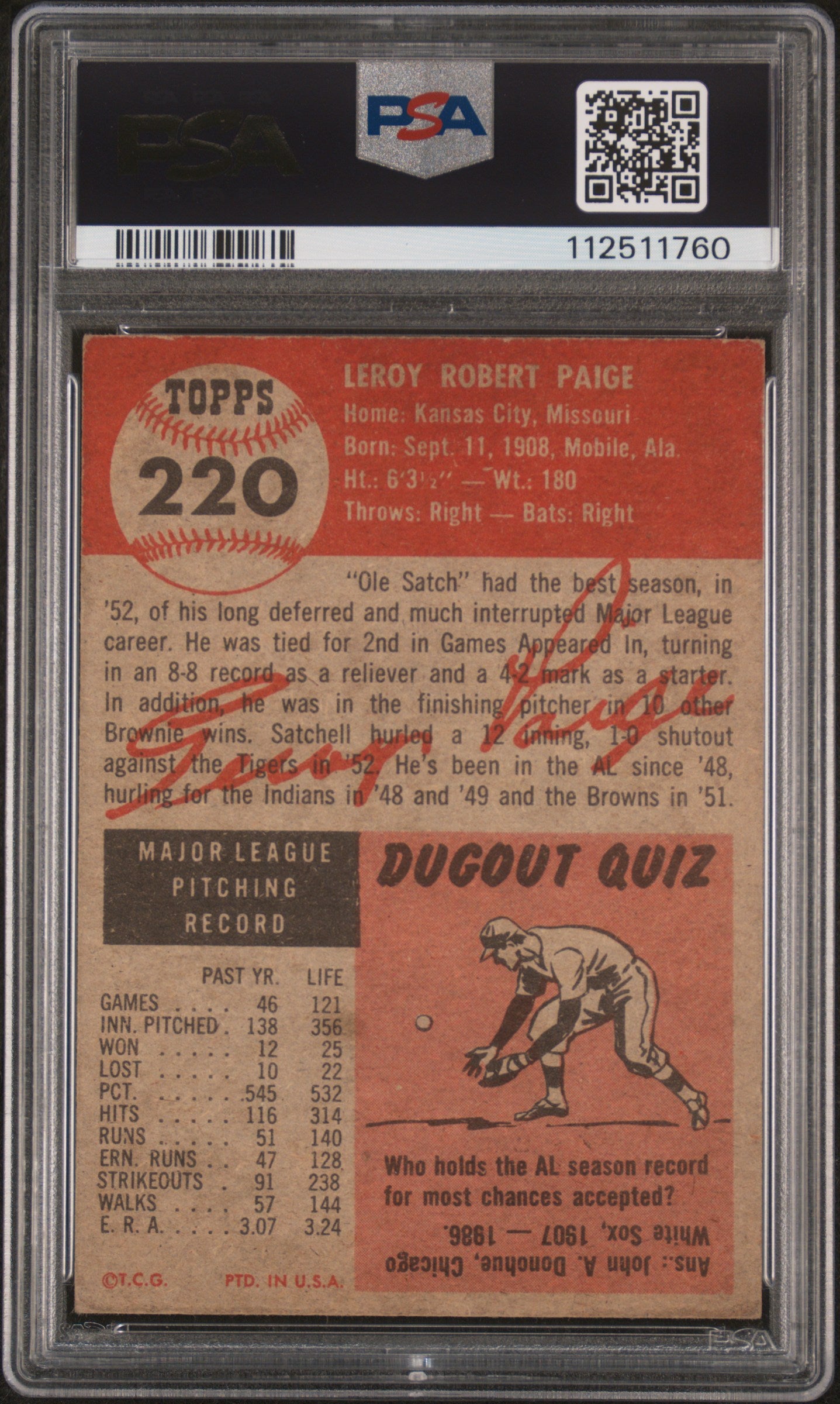 1953 Topps Satchell Paige #220 PSA 2.5