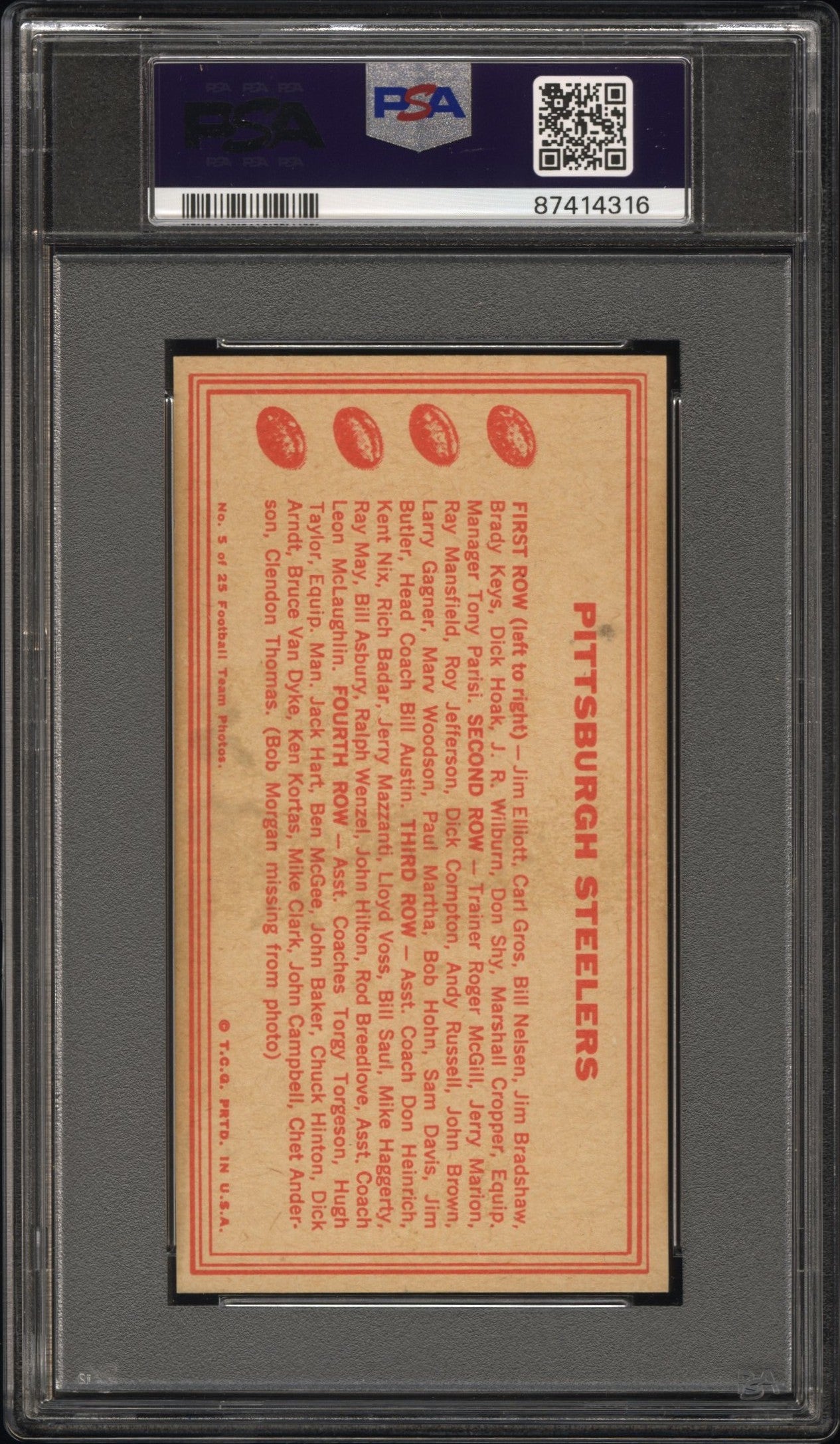 1968 Topps Test Teams Pittsburgh Steelers #5 PSA 5