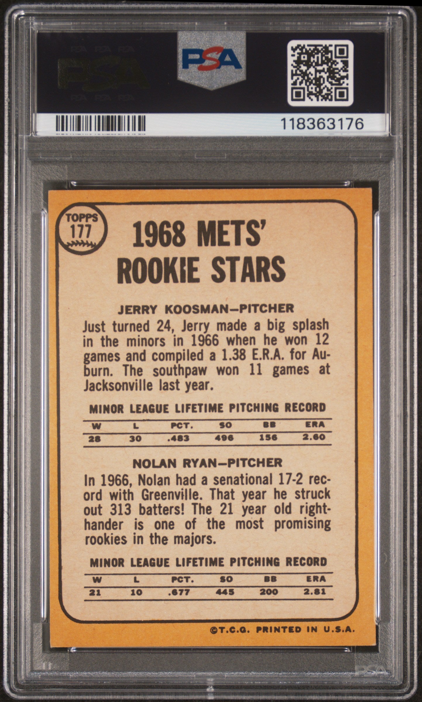 1968 Topps Mets Rookies #177 J. Koosman N. Ryan PSA 6
