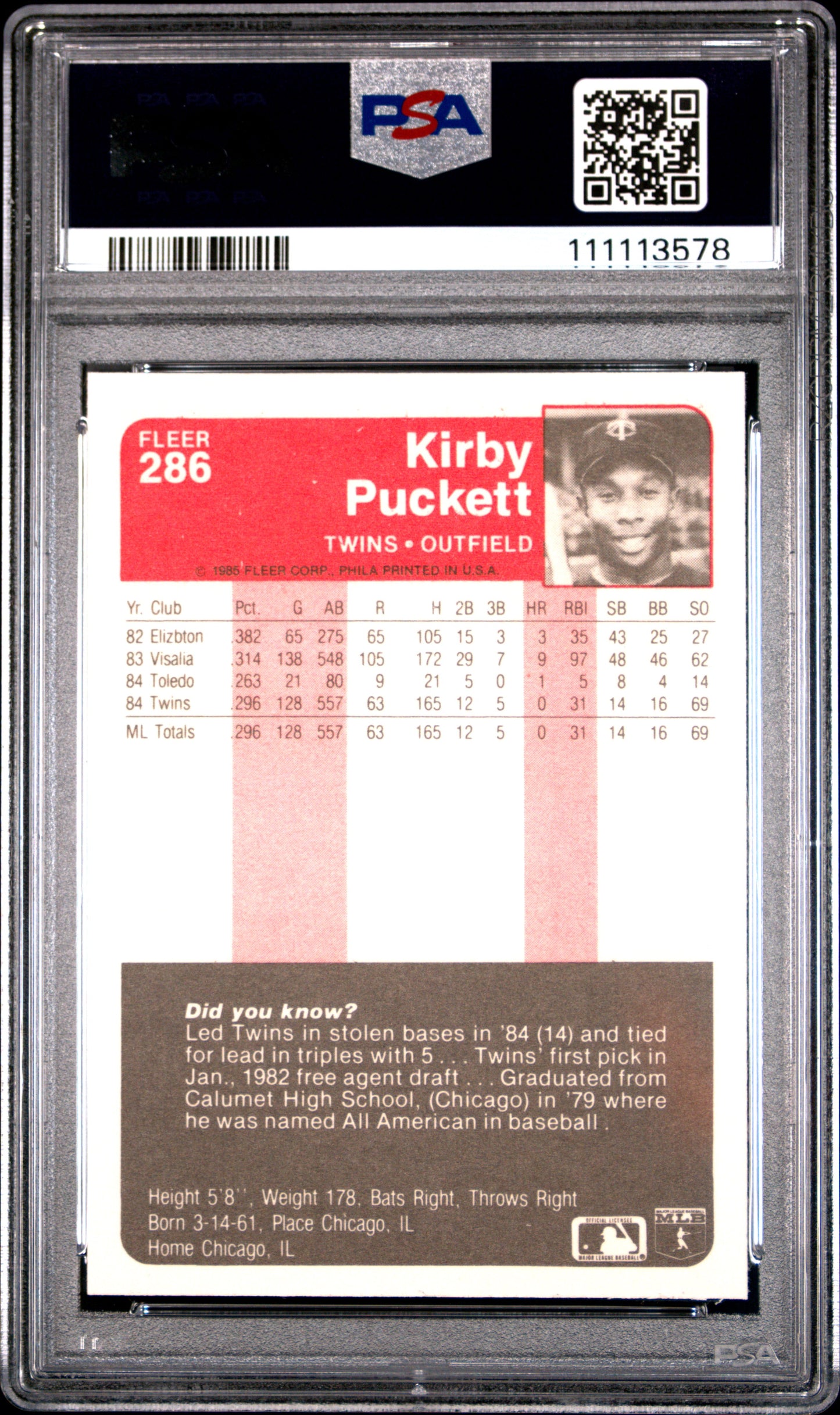 1985 Fleer Kirby Puckett #286 PSA 9