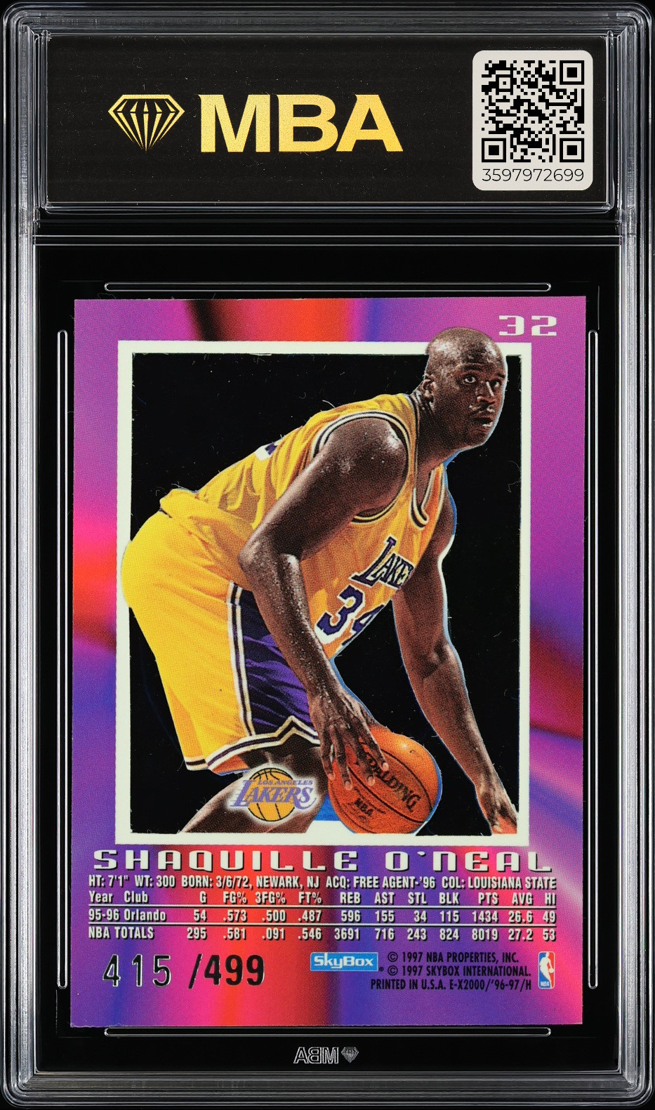 1996 Skybox E-X2000 Shaquille O'Neal #32 Credentials MBA 7