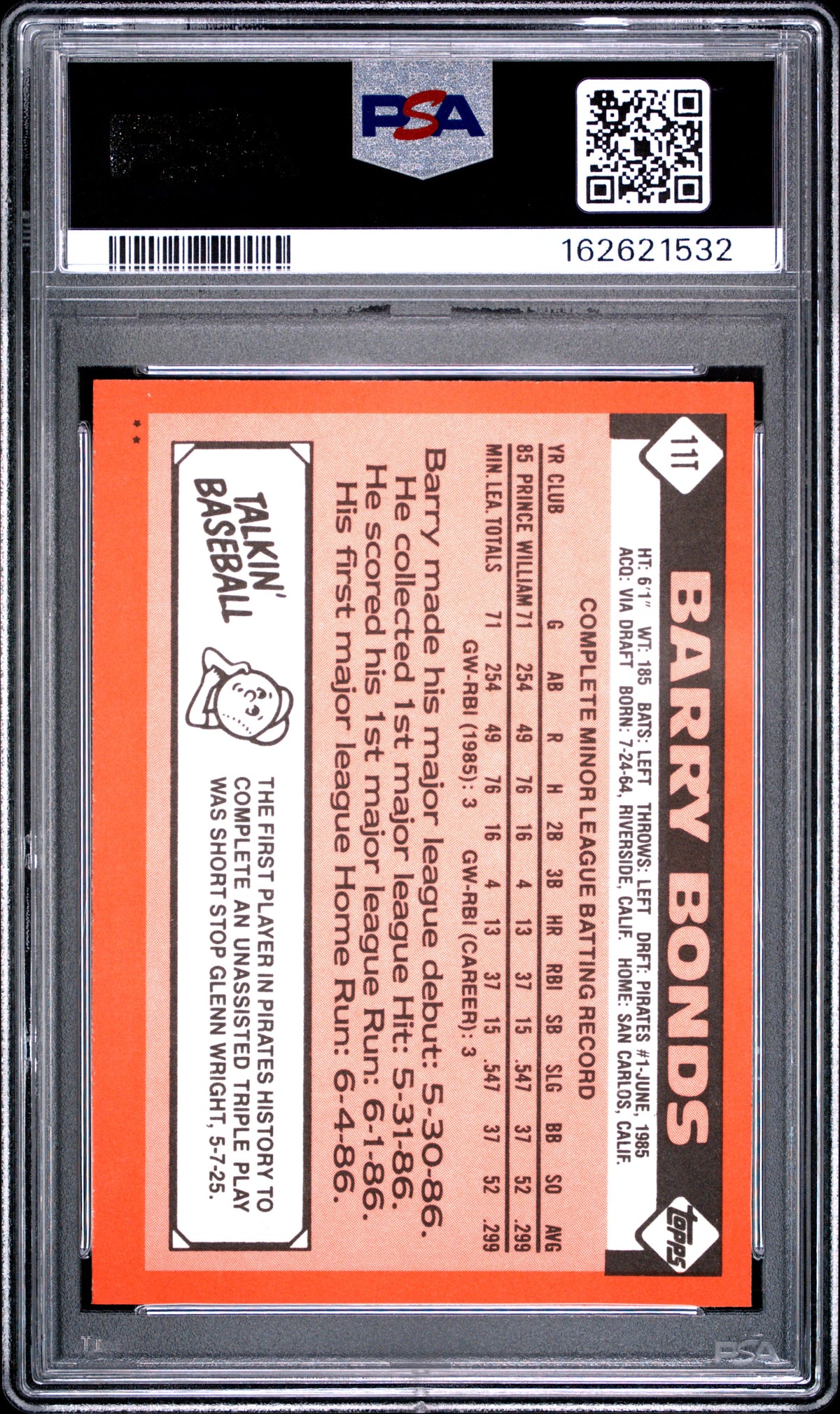 1986 Topps Traded Barry Bonds #11T PSA 9