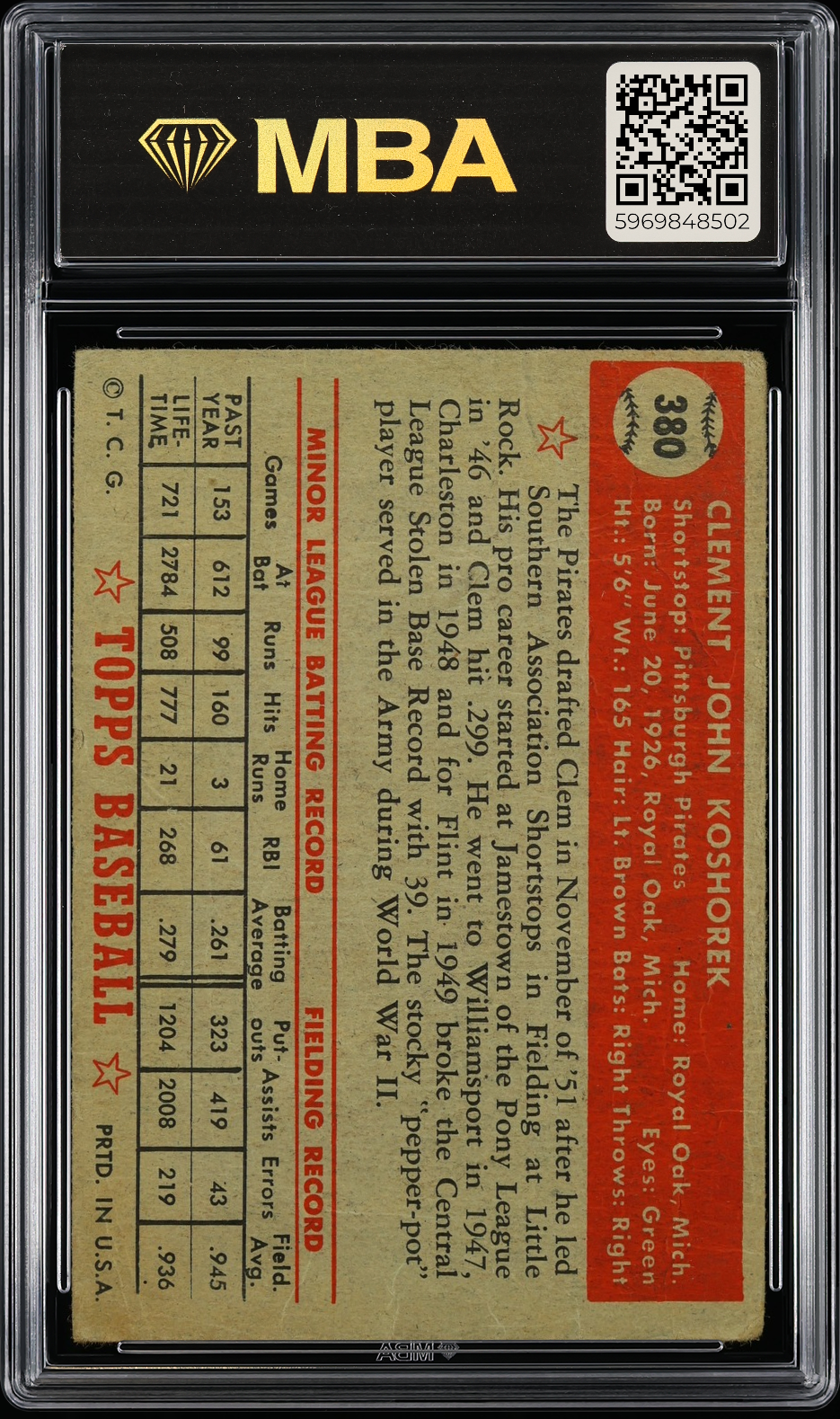 1952 Topps Clem Koshorek #380 MBA 1
