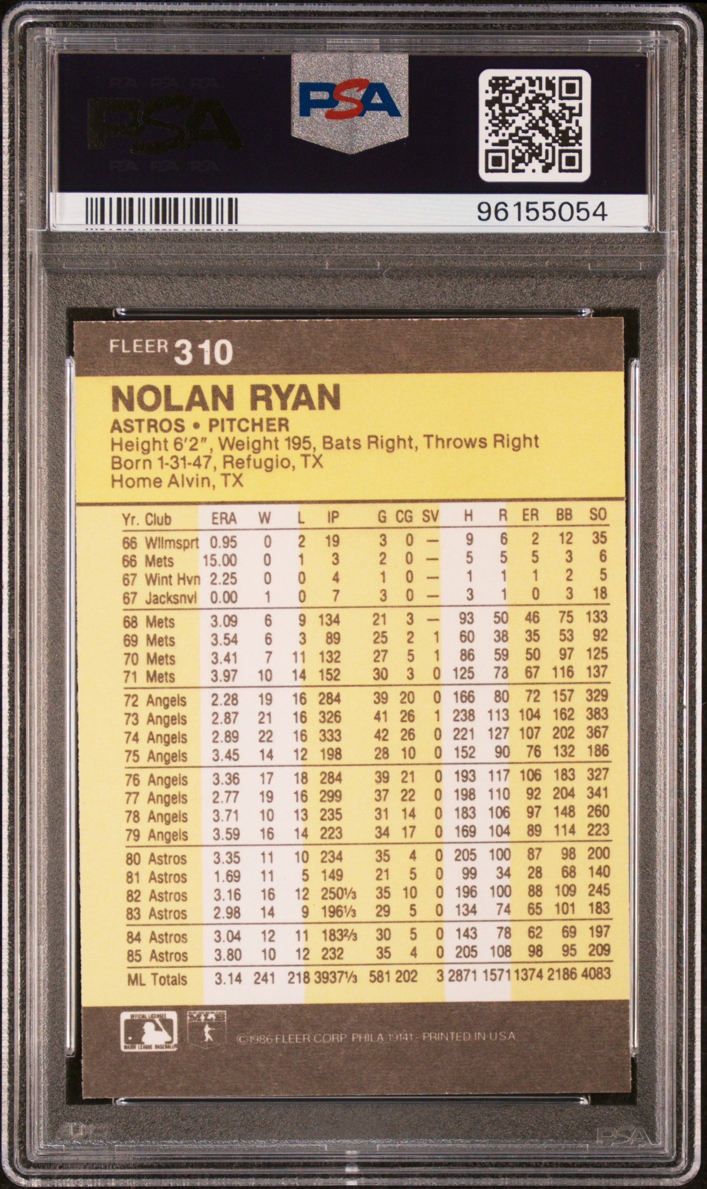 1986 Fleer Nolan Ryan #310 PSA 9