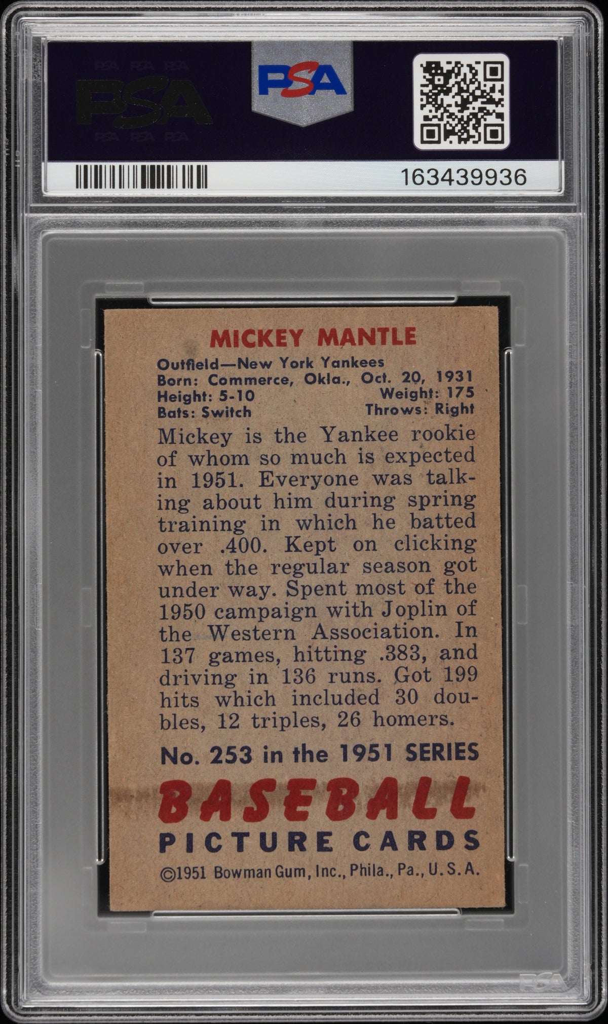 1951 Bowman Mickey Mantle #253 PSA A