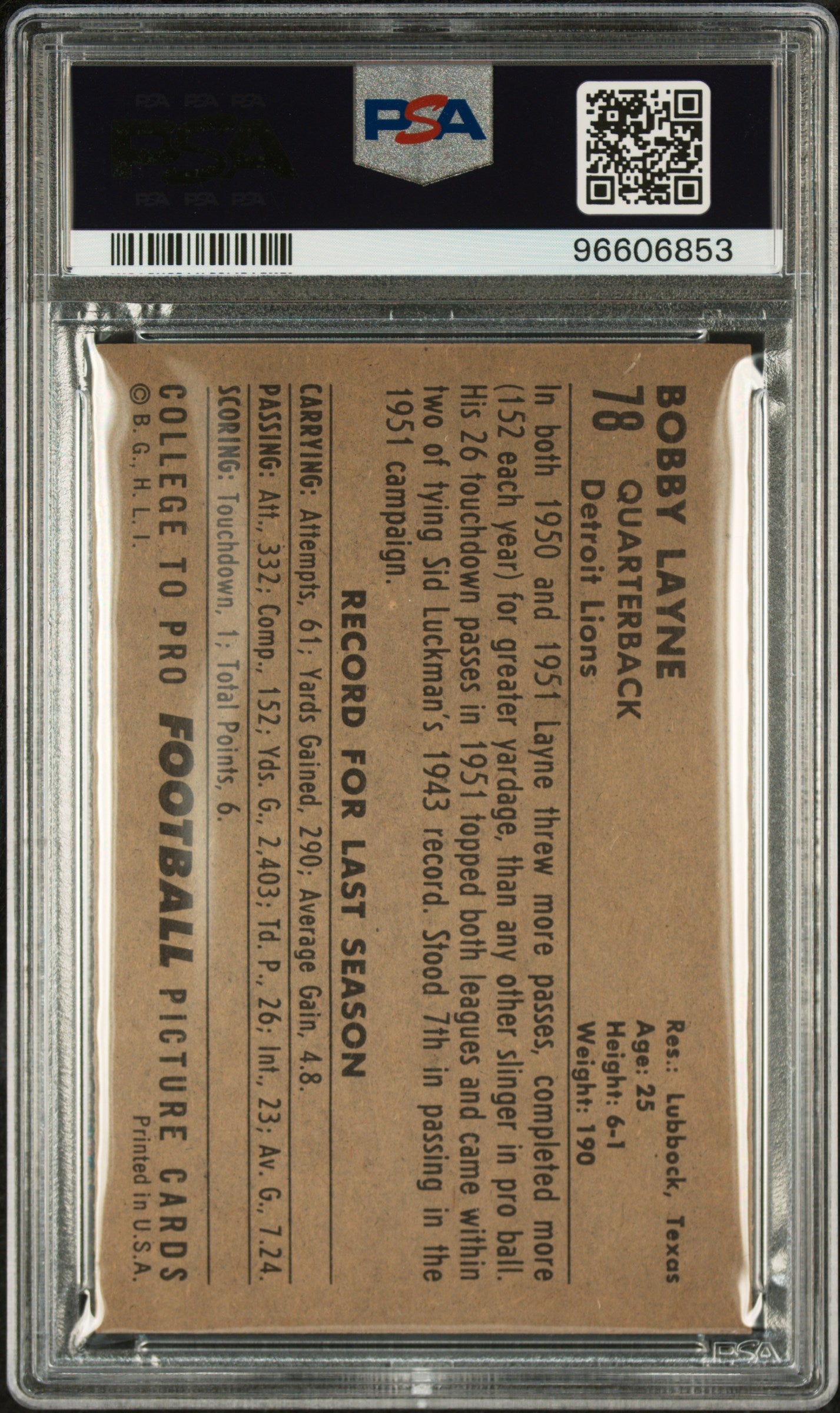 1952 Bowman Large Bobby Layne #78 PSA 4