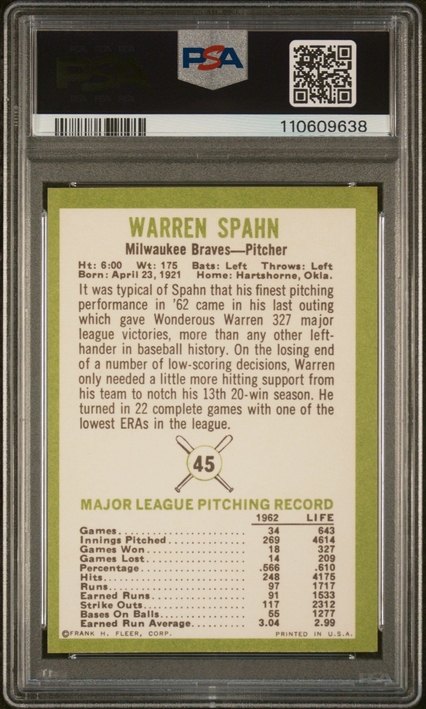 1963 Fleer Warren Spahn #45 PSA 9