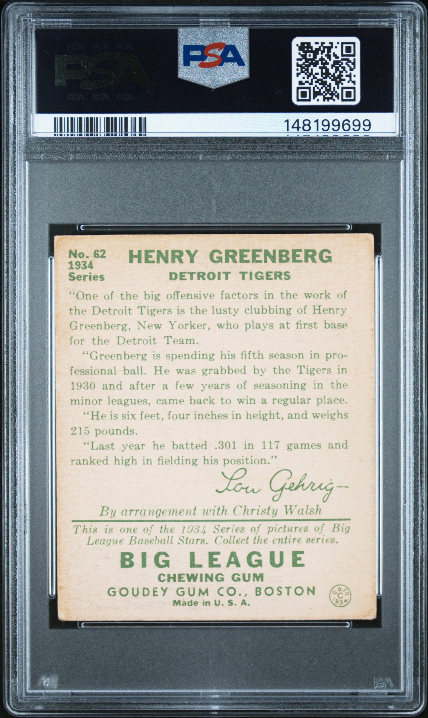 1934 Goudey Hank Greenberg #62 PSA 3