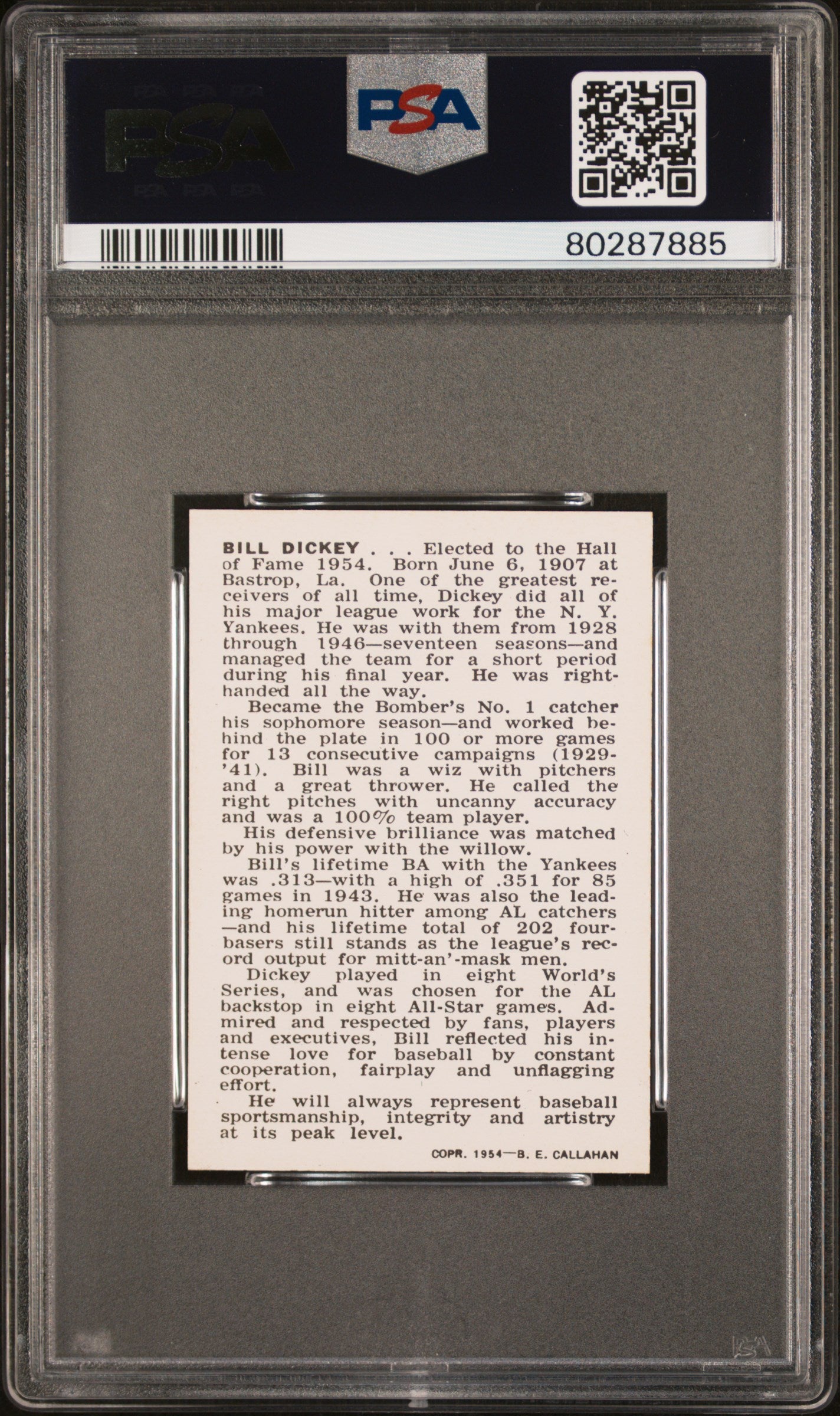 1950-56 Callahan Hall Of Fame Bill Dickey 1st Para. Ends.. . He Was PSA 8