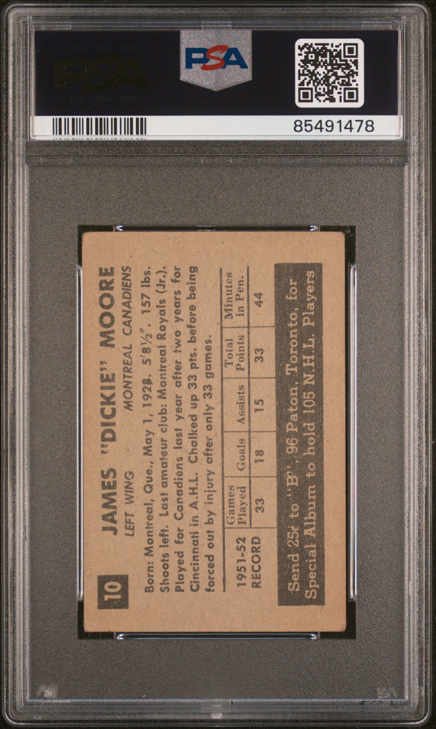 1952 Parkhurst Dickie Moore #10 PSA 2