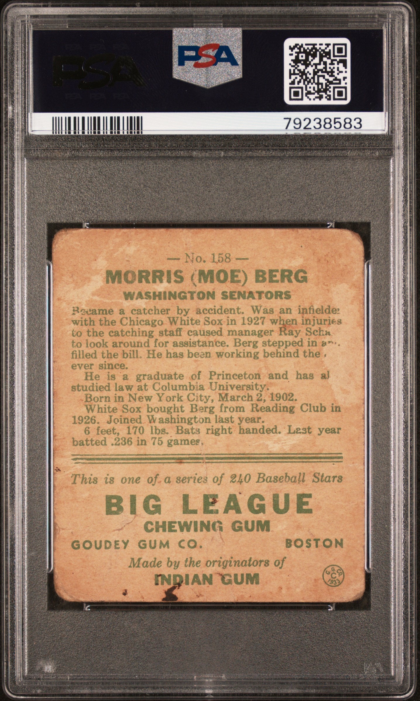 1933 Goudey Moe Berg #158 PSA 1