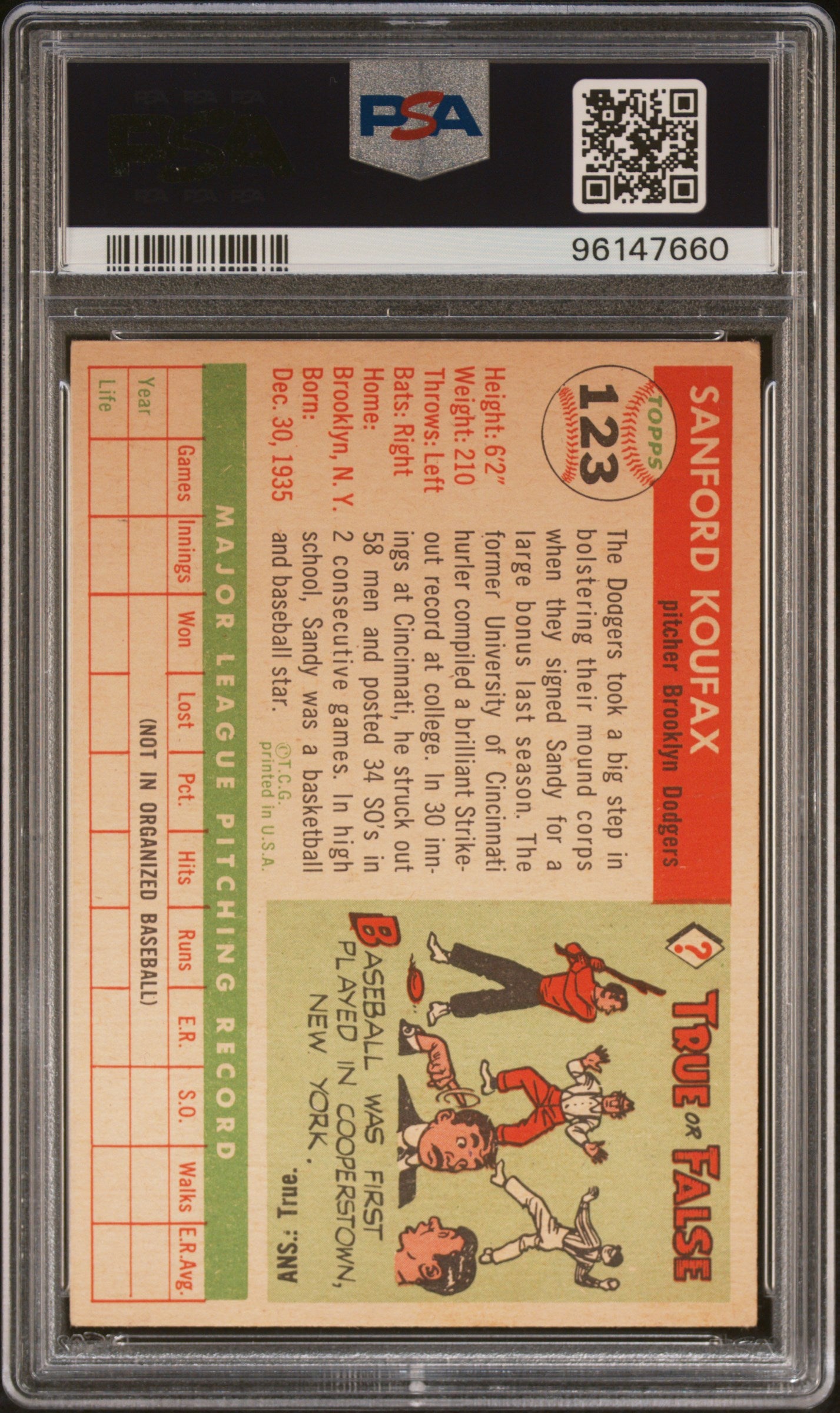 1955 Topps Sandy Koufax #123 PSA 5