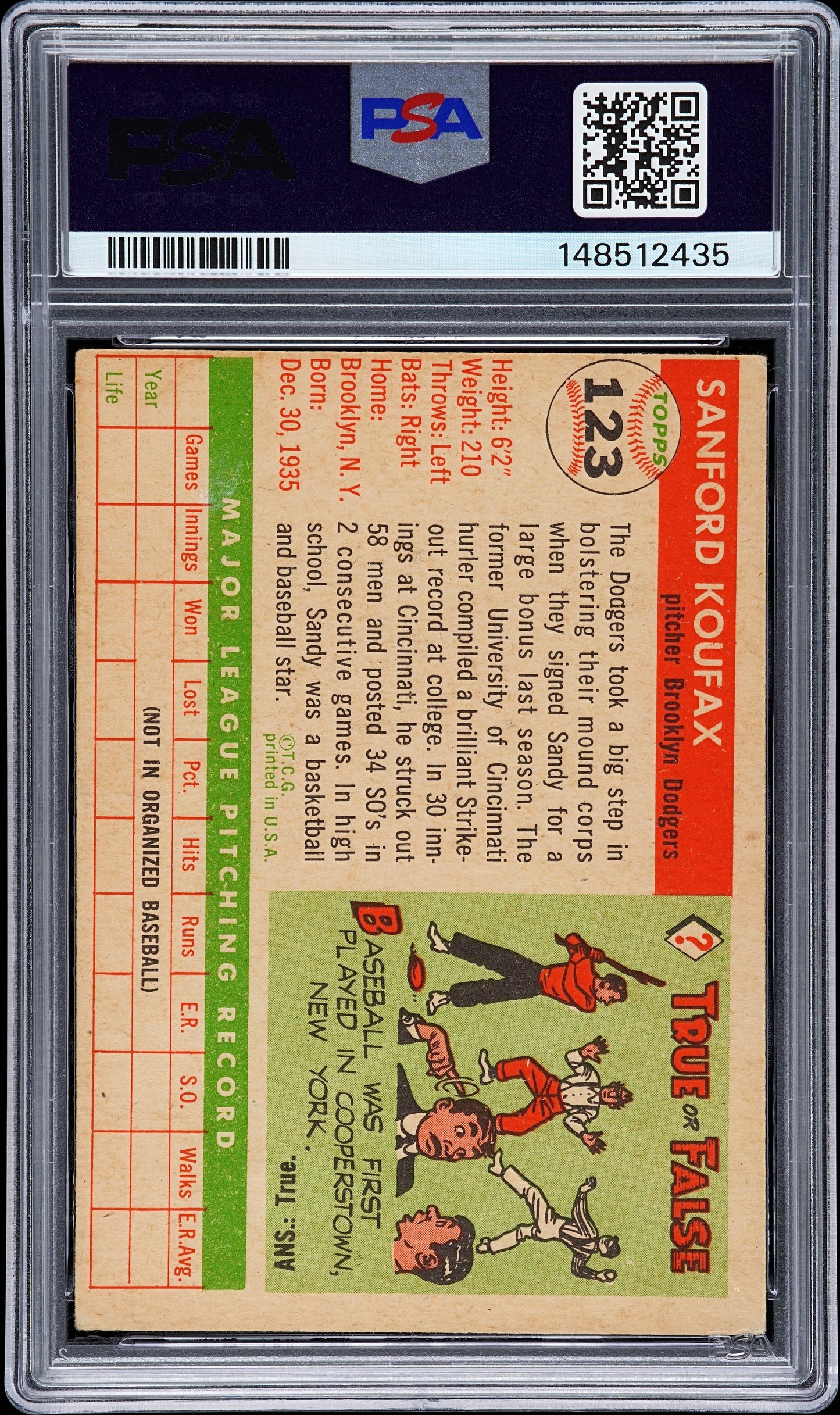 1955 Topps Sandy Koufax #123 PSA 3 Auto 10