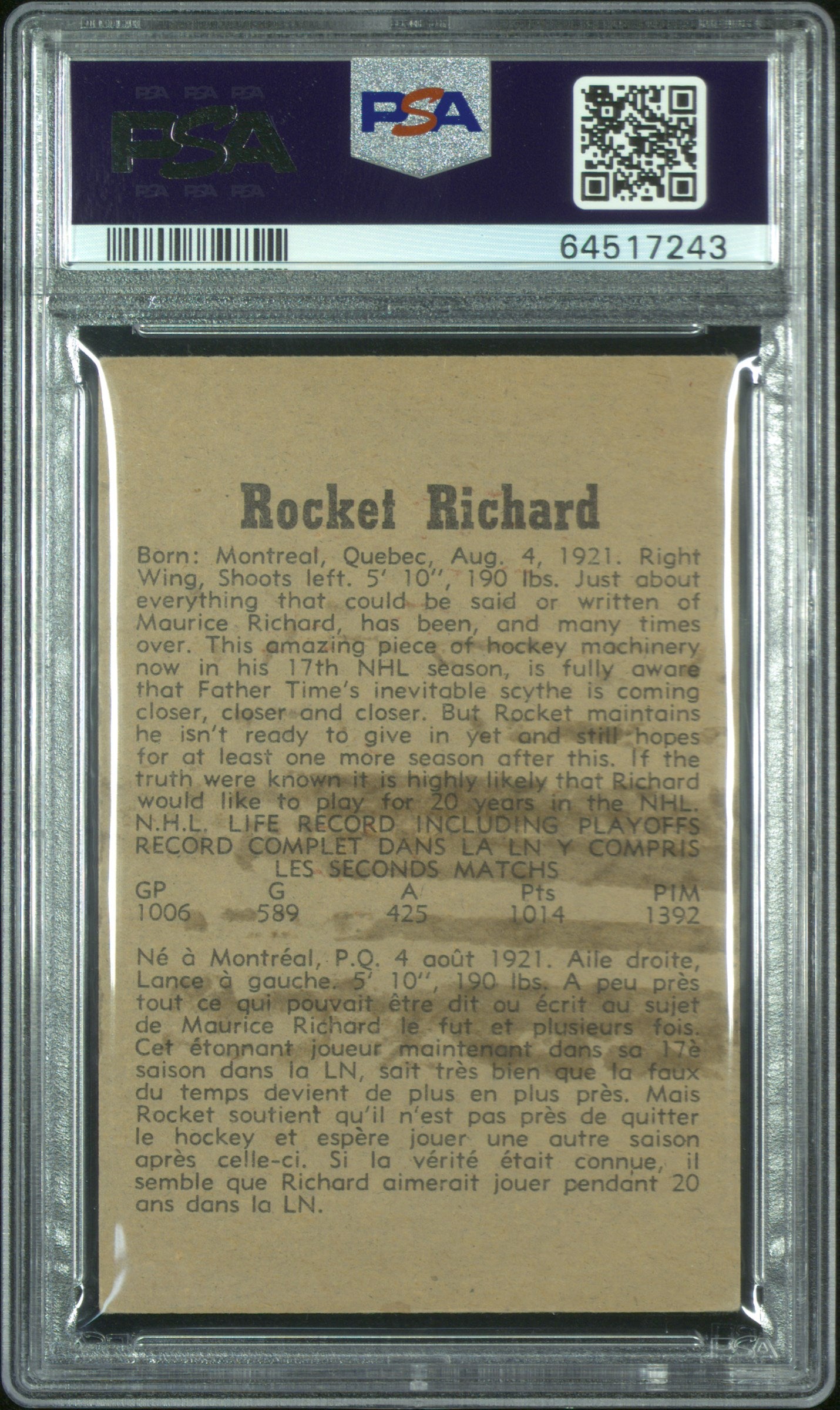1958 Parkhurst Maurice Richard #38 PSA 3