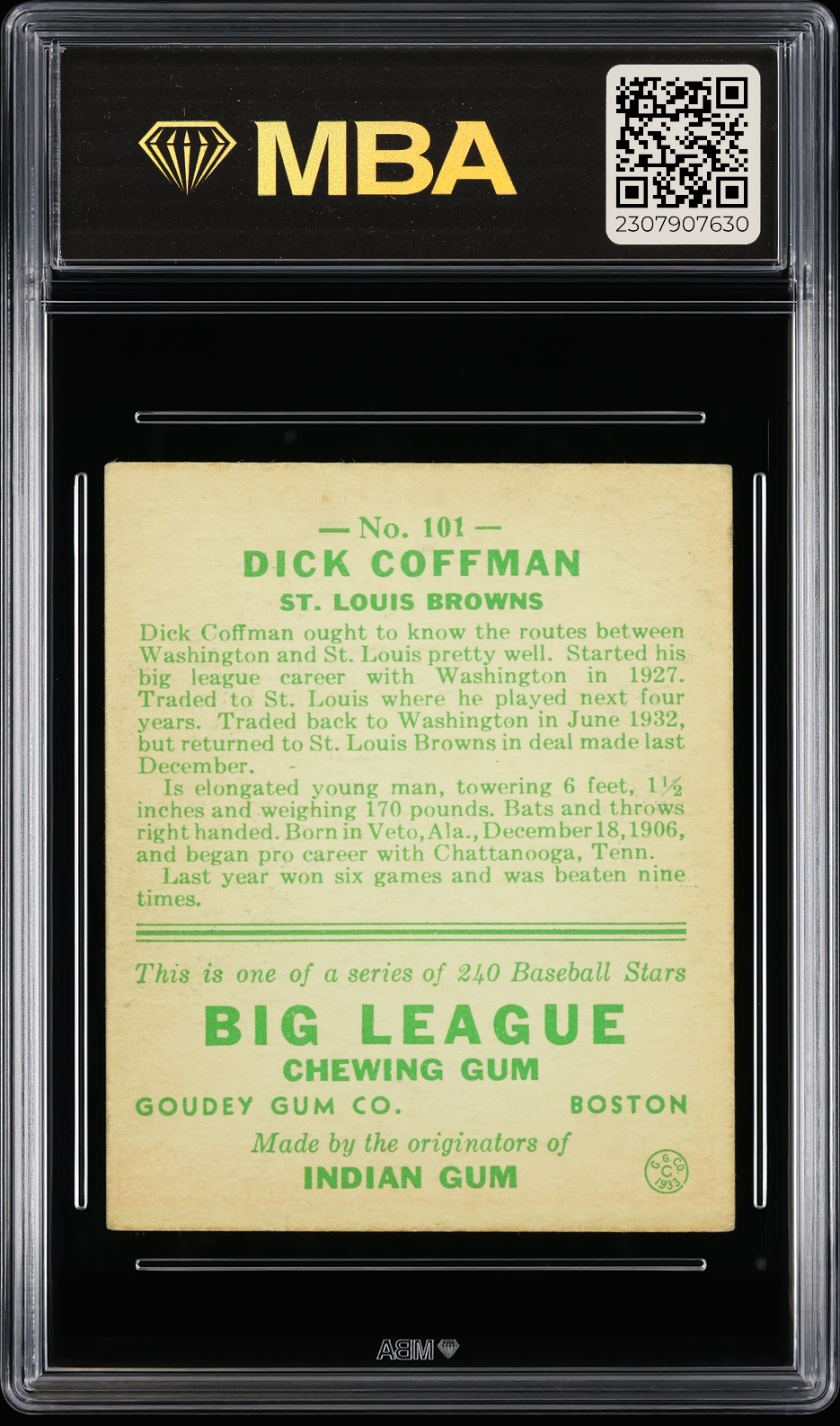 1933 Goudey Richard (Dick) Coffman #101 MBA 4