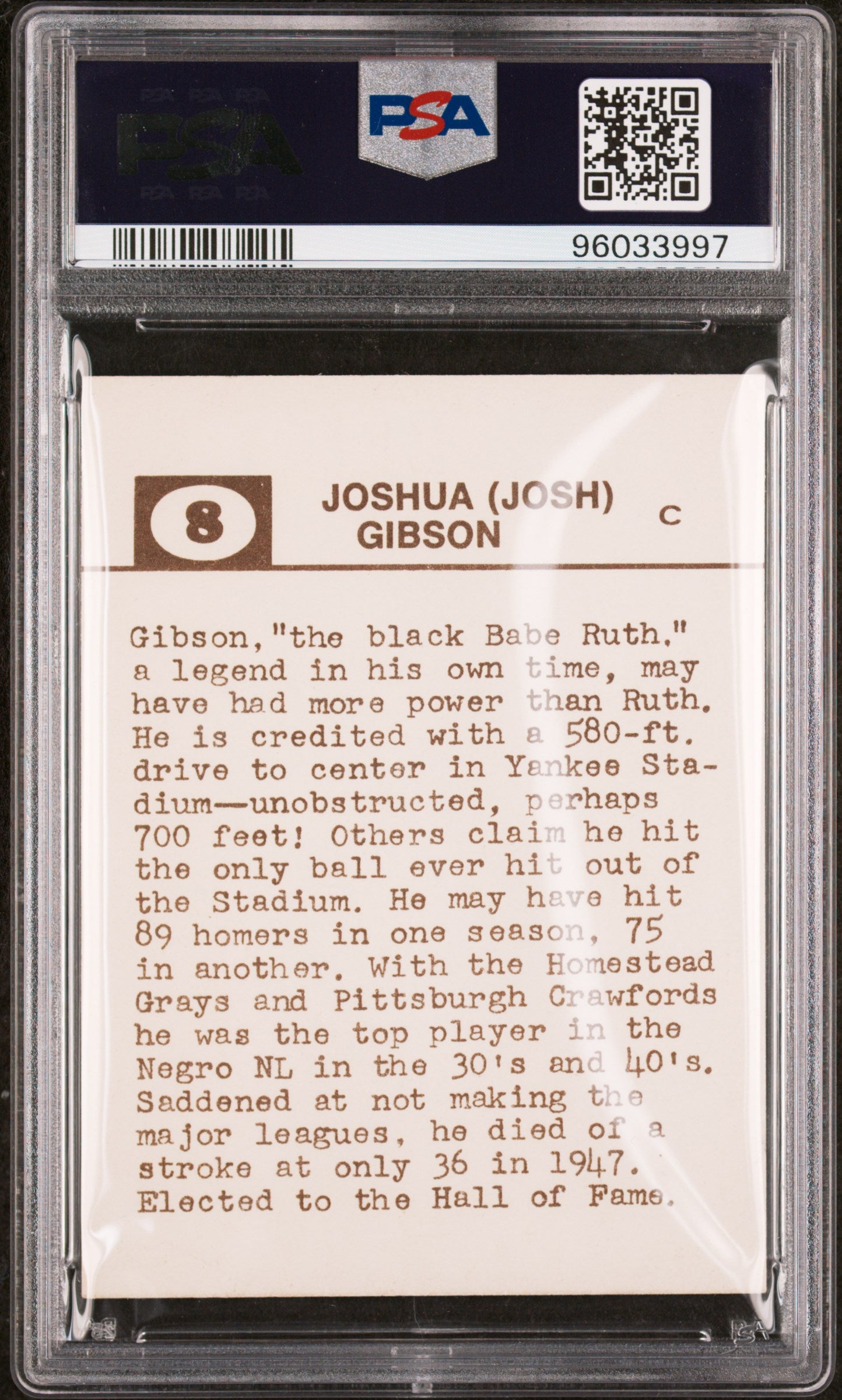 1974 Laughlin Old-Time Black Stars Josh Gibson #8 PSA 7