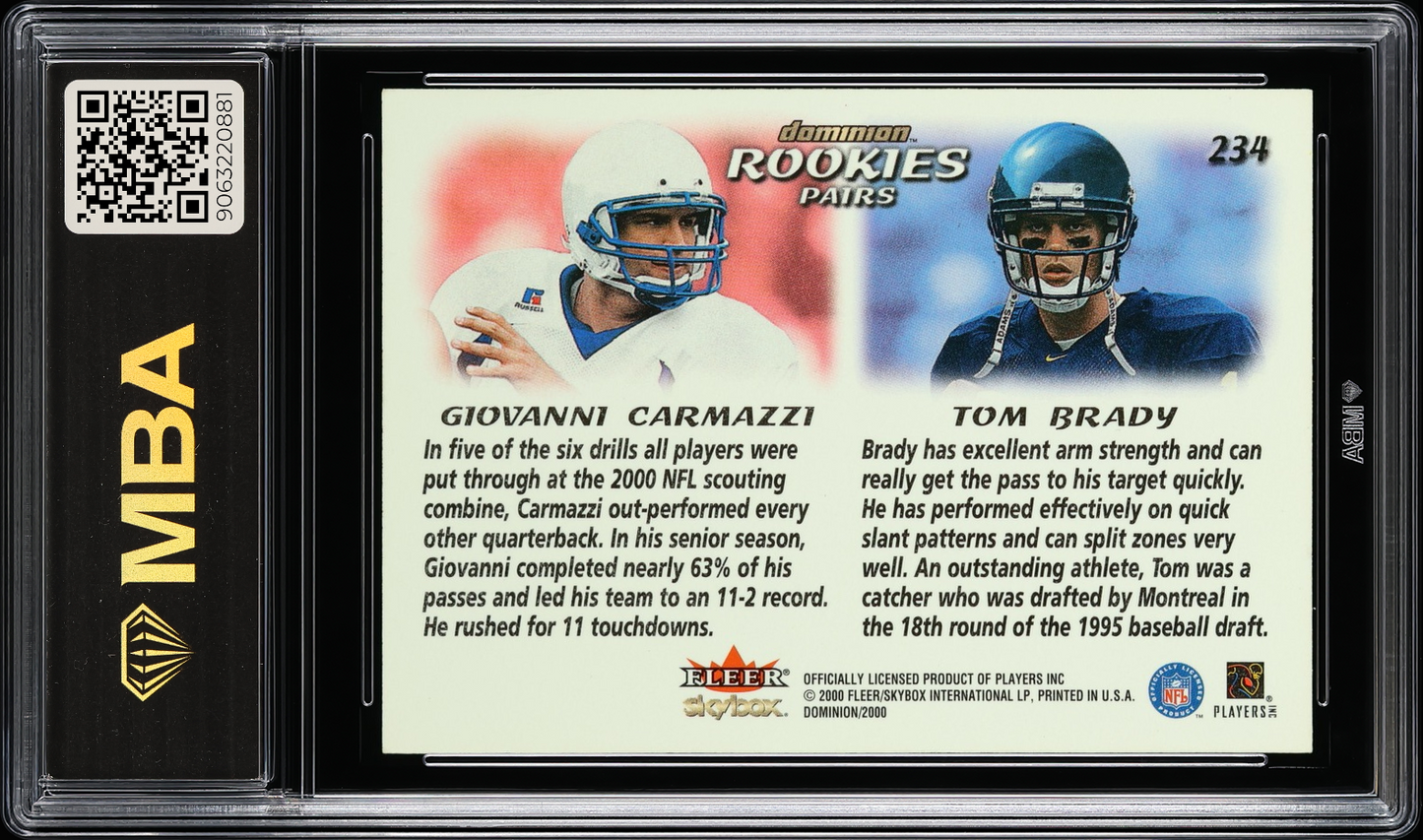 2000 Skybox Dominion Giovanni Carmazzi/Tom Brady #234 Rookie Pairs MBA 5 RC