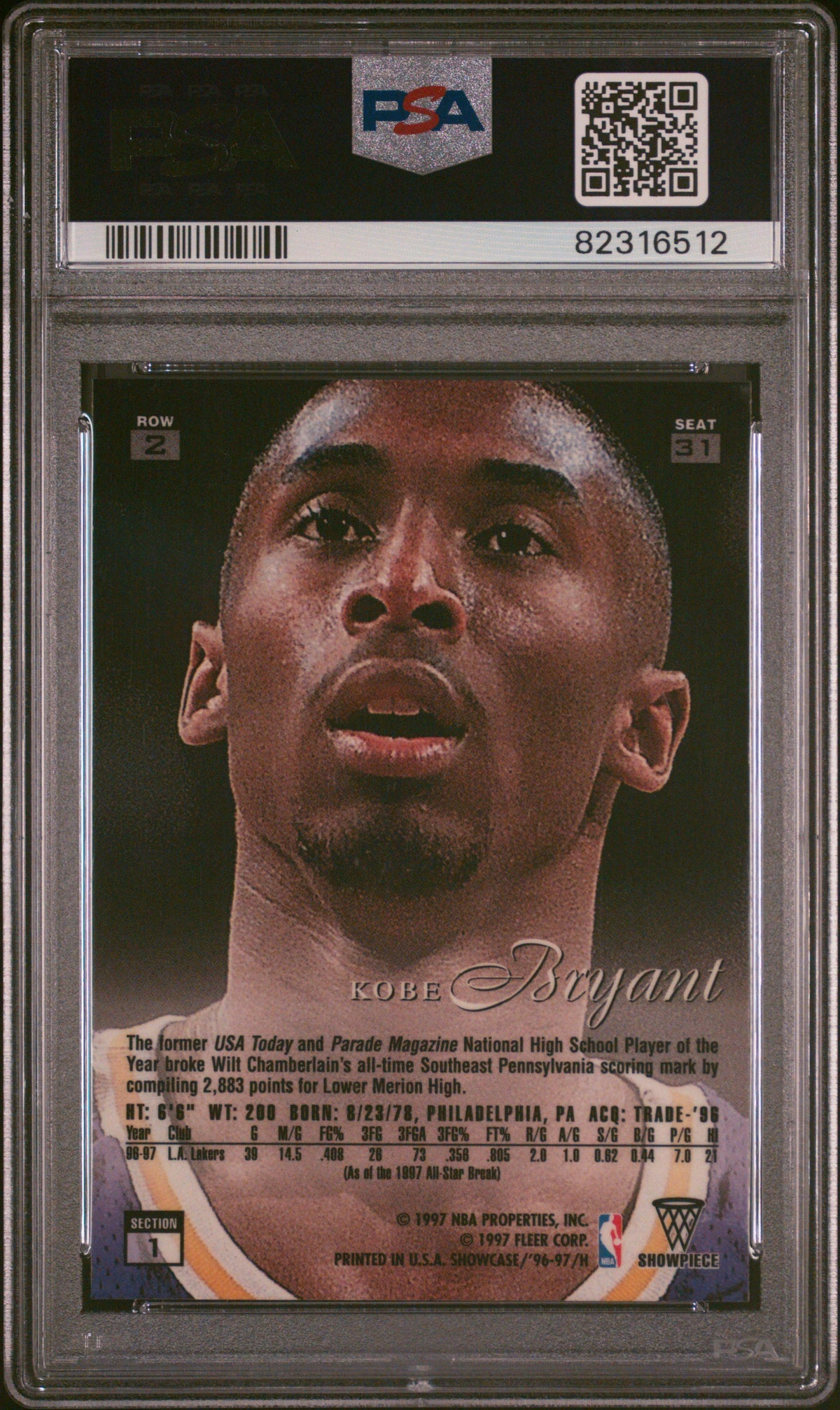1996 Flair Showcase Kobe Bryant #31 Row 2 PSA 8