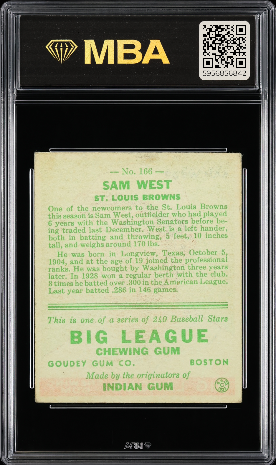 1933 Goudey Sam West #166 MBA 4