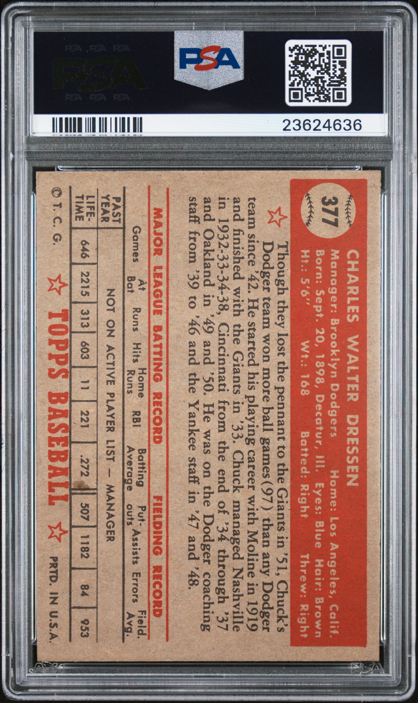 1952 Topps Chuck Dressen #377 PSA 7