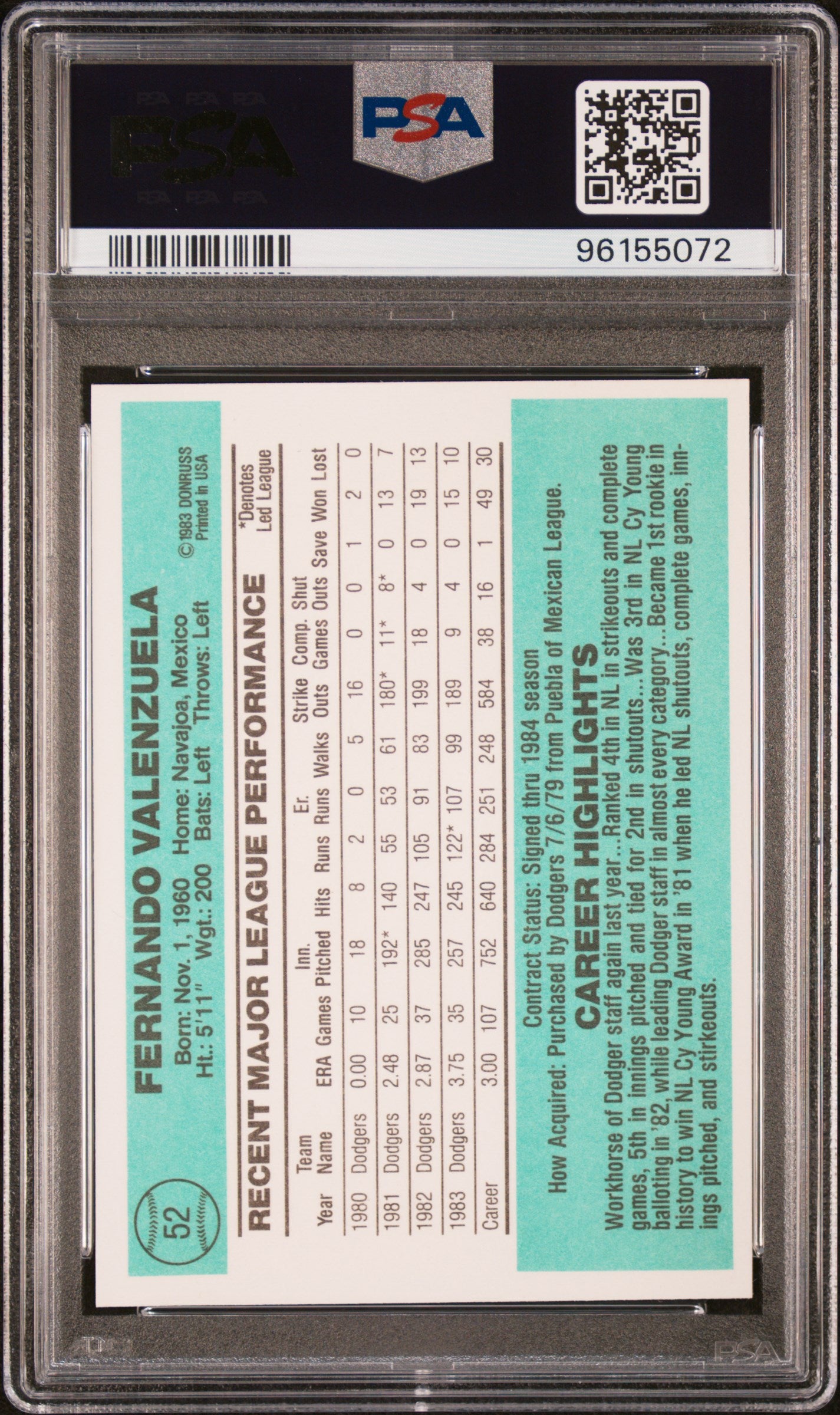 1984 Donruss Fernando Valenzuela #52 PSA 10