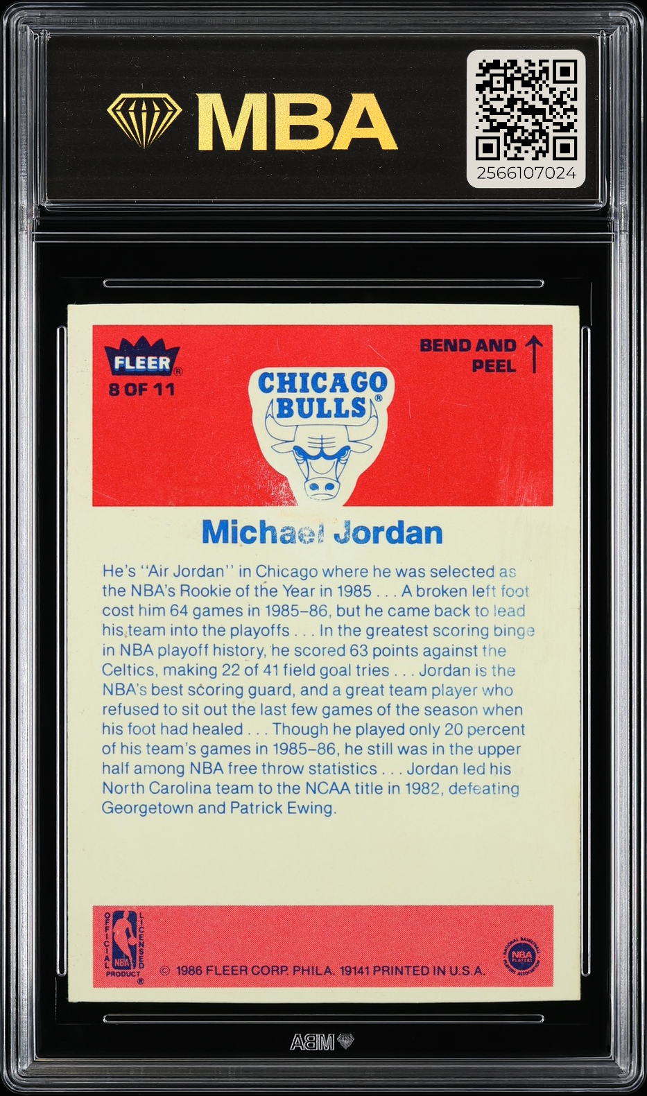 1986 Fleer Sticker Michael Jordan #8 MBA Authentic Altered RC