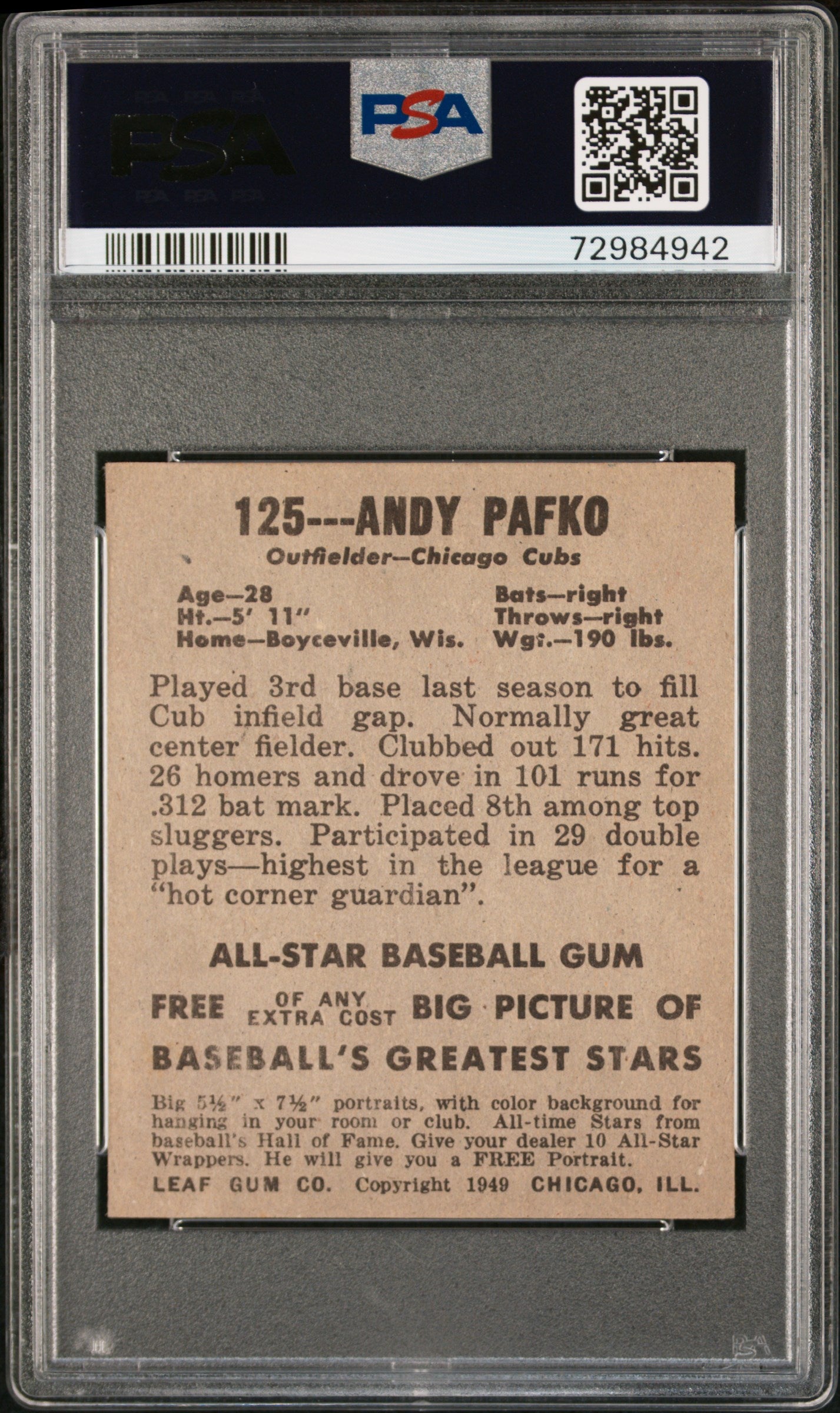 1948 Leaf Andy Pafko #125 PSA 6